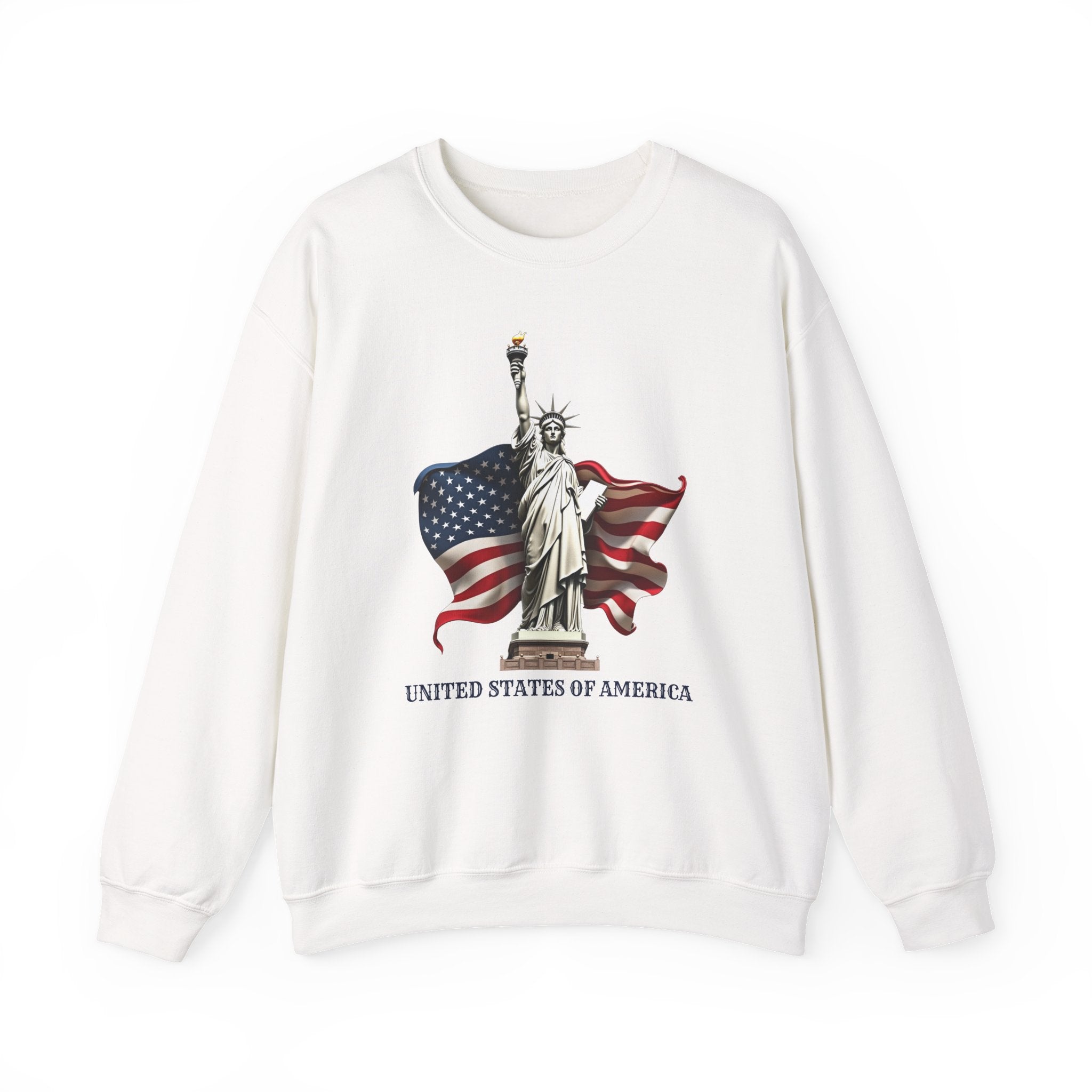 White sweatshirt with Statue of Liberty and American flag design on a white background
