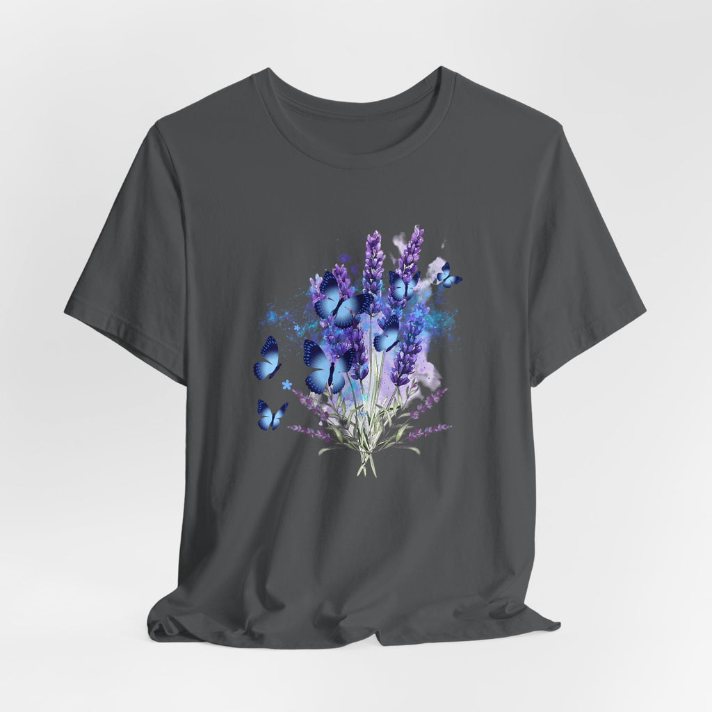 Gray t-shirt with a design of lavender flowers and butterflies on a light gray background