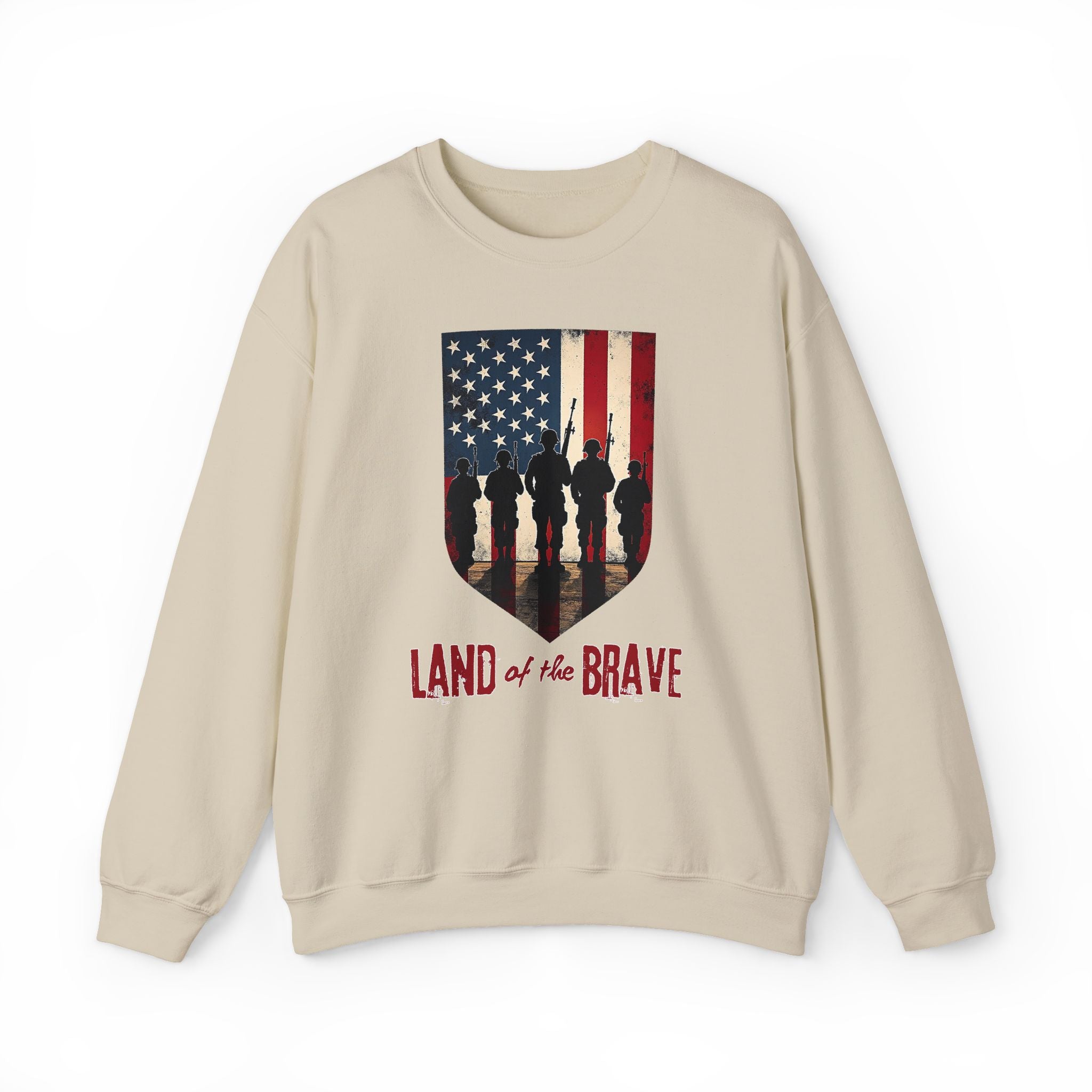 Beige sweatshirt with American flag and silhouette design on a white background