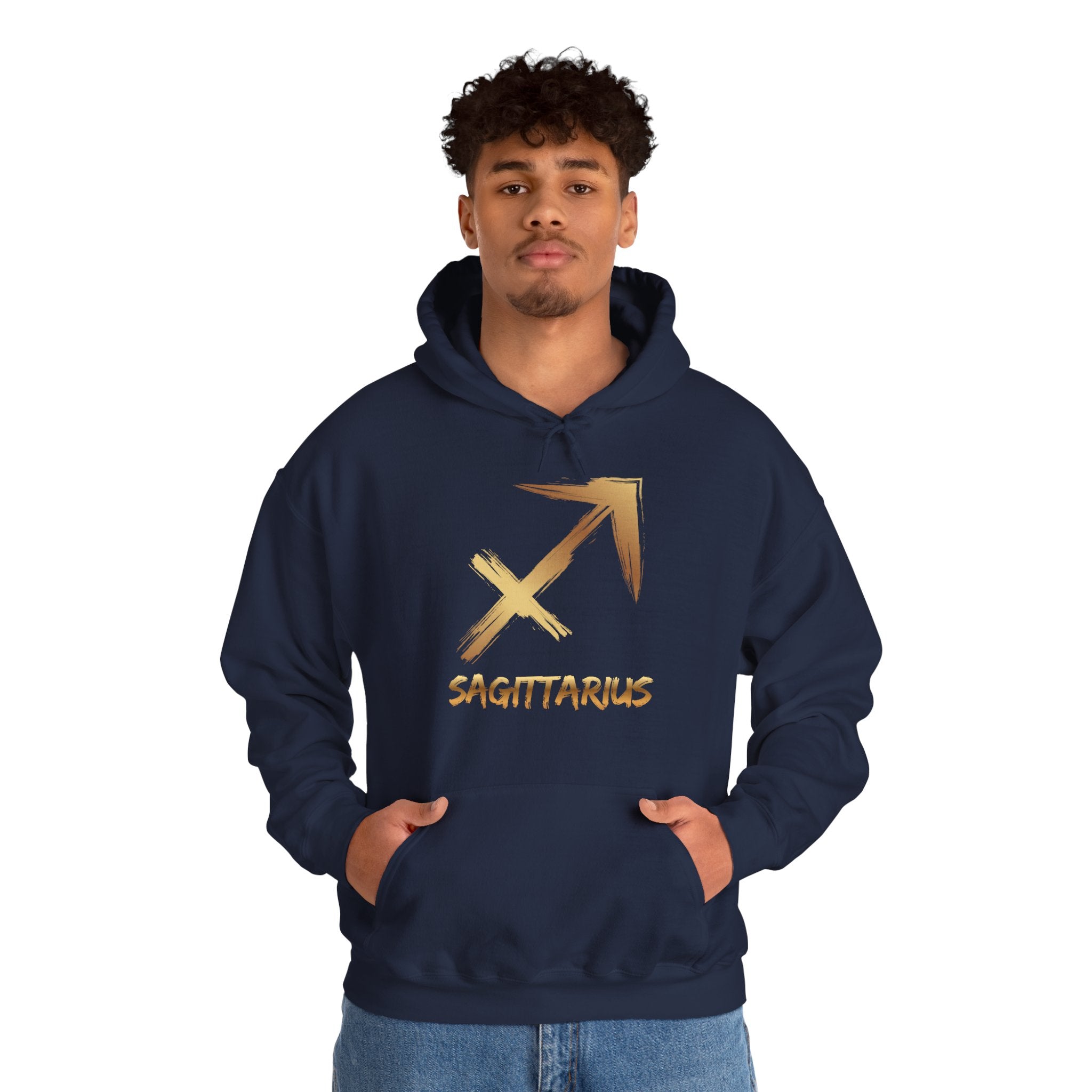 Person wearing a navy hoodie with Sagittarius symbol and text on a white background