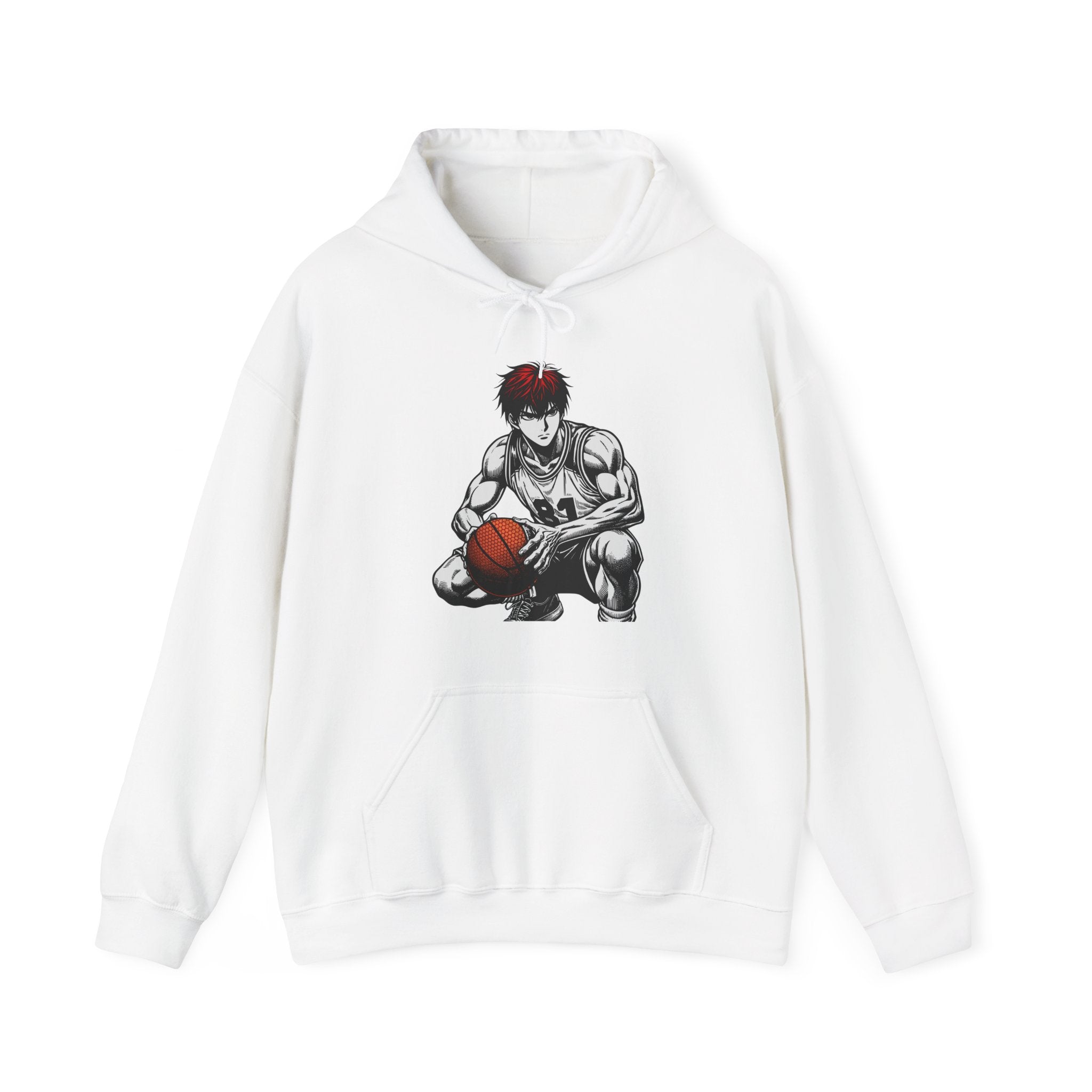 White hoodie with an anime character holding a basketball on a white background