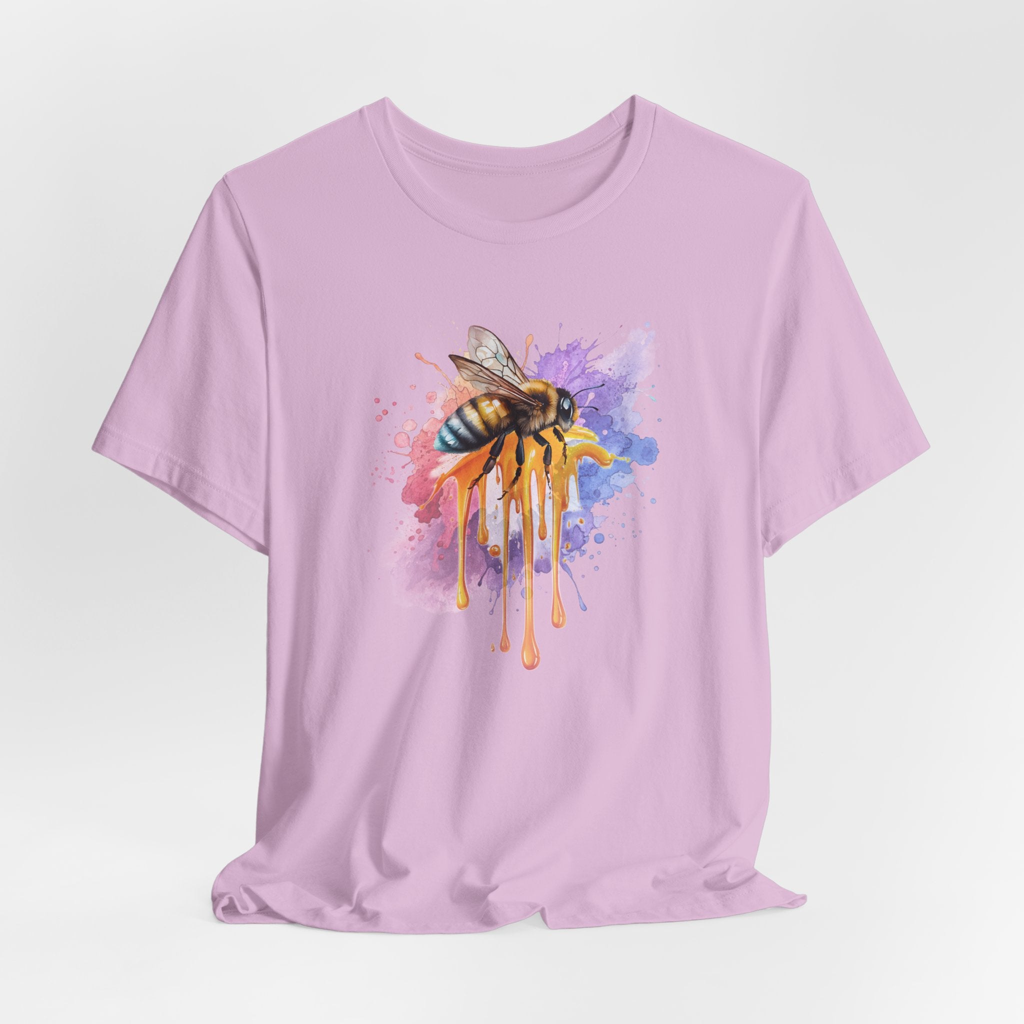 Purple t-shirt with a colorful bee graphic on a light purple background