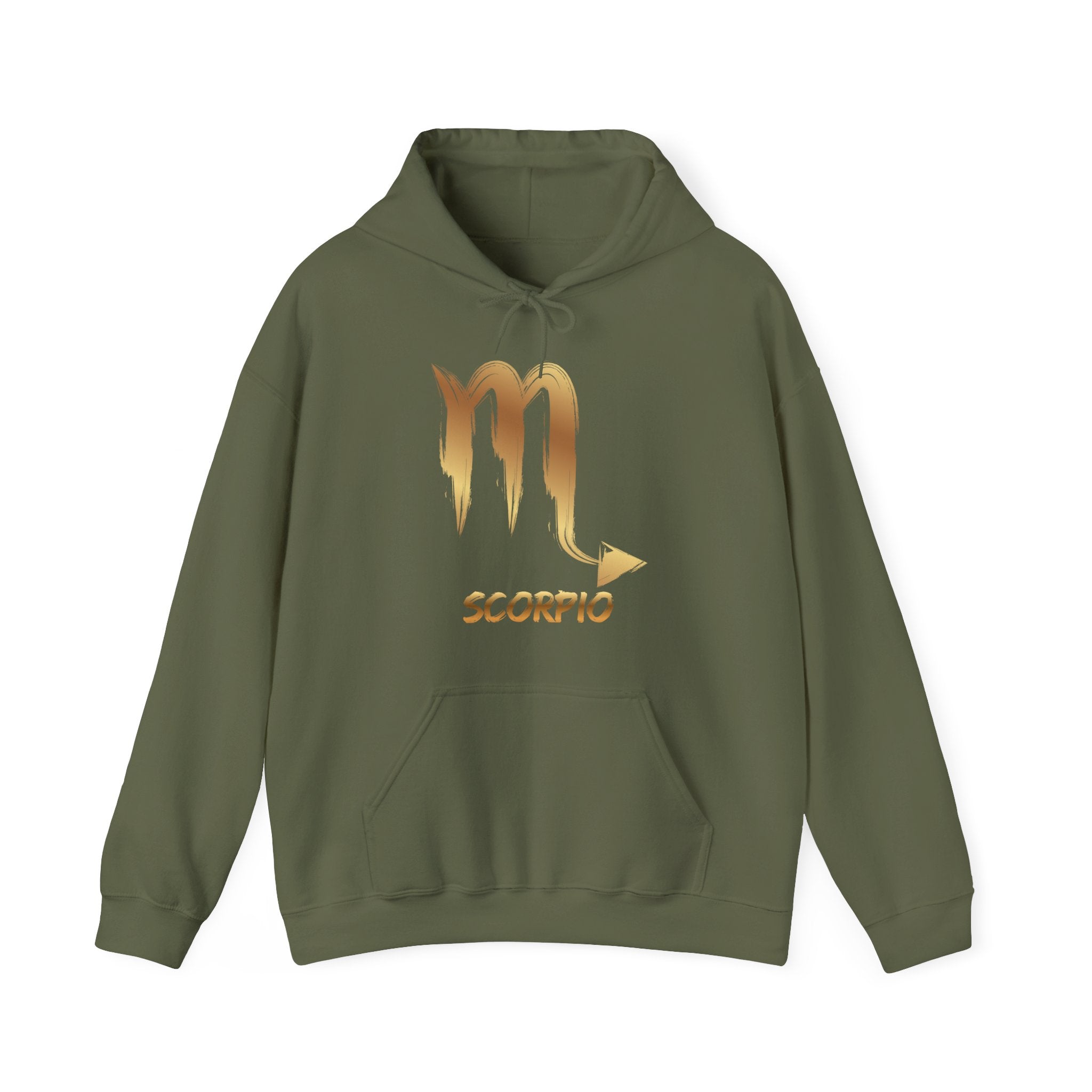 Green hoodie with gold Scorpio symbol on a white background