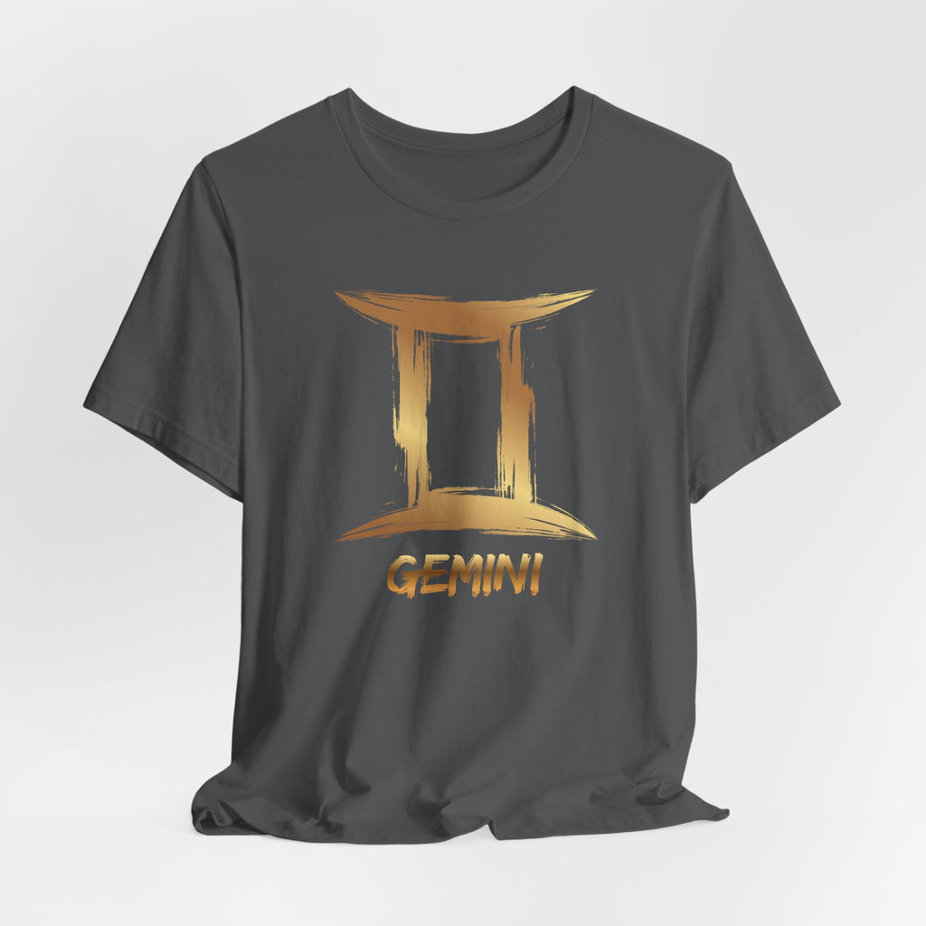Black t-shirt with gold Gemini zodiac symbol on a white background