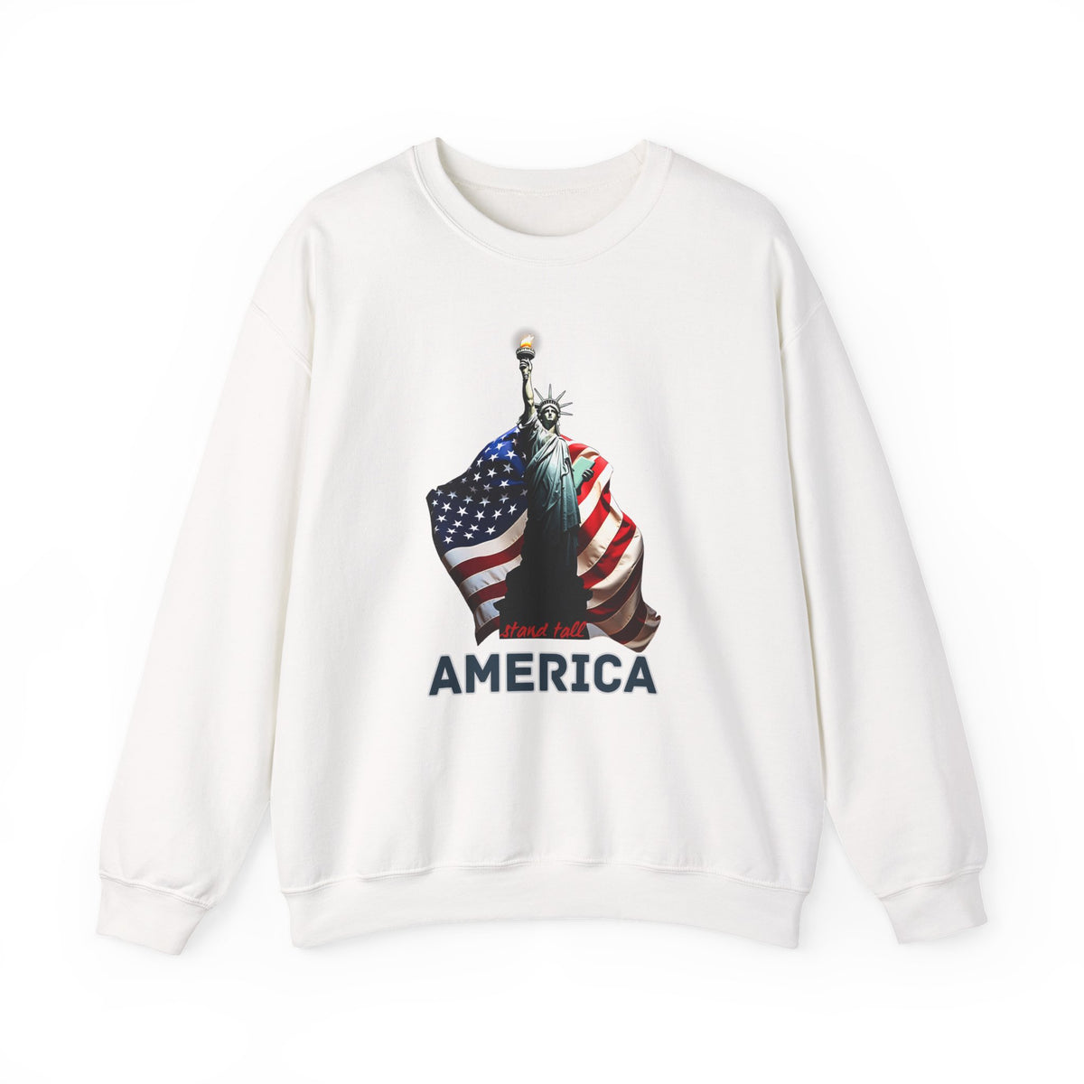 White sweatshirt with a graphic of the Statue of Liberty holding an American flag and the text 'Black Lives America' on a white background.