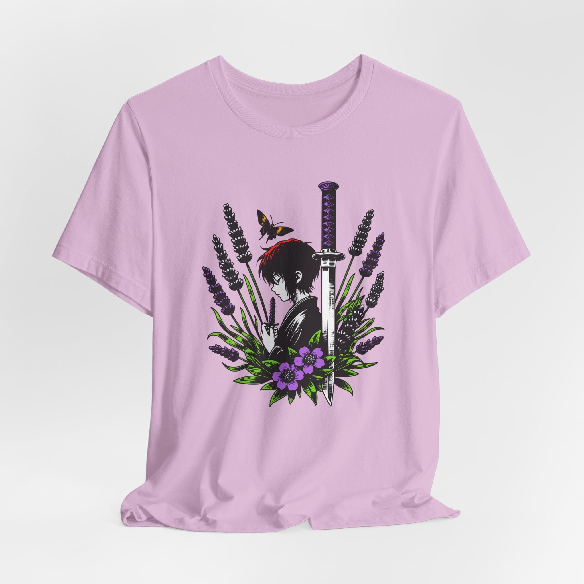 Light purple t-shirt with a graphic design of a woman holding a sword among flowers on a white background