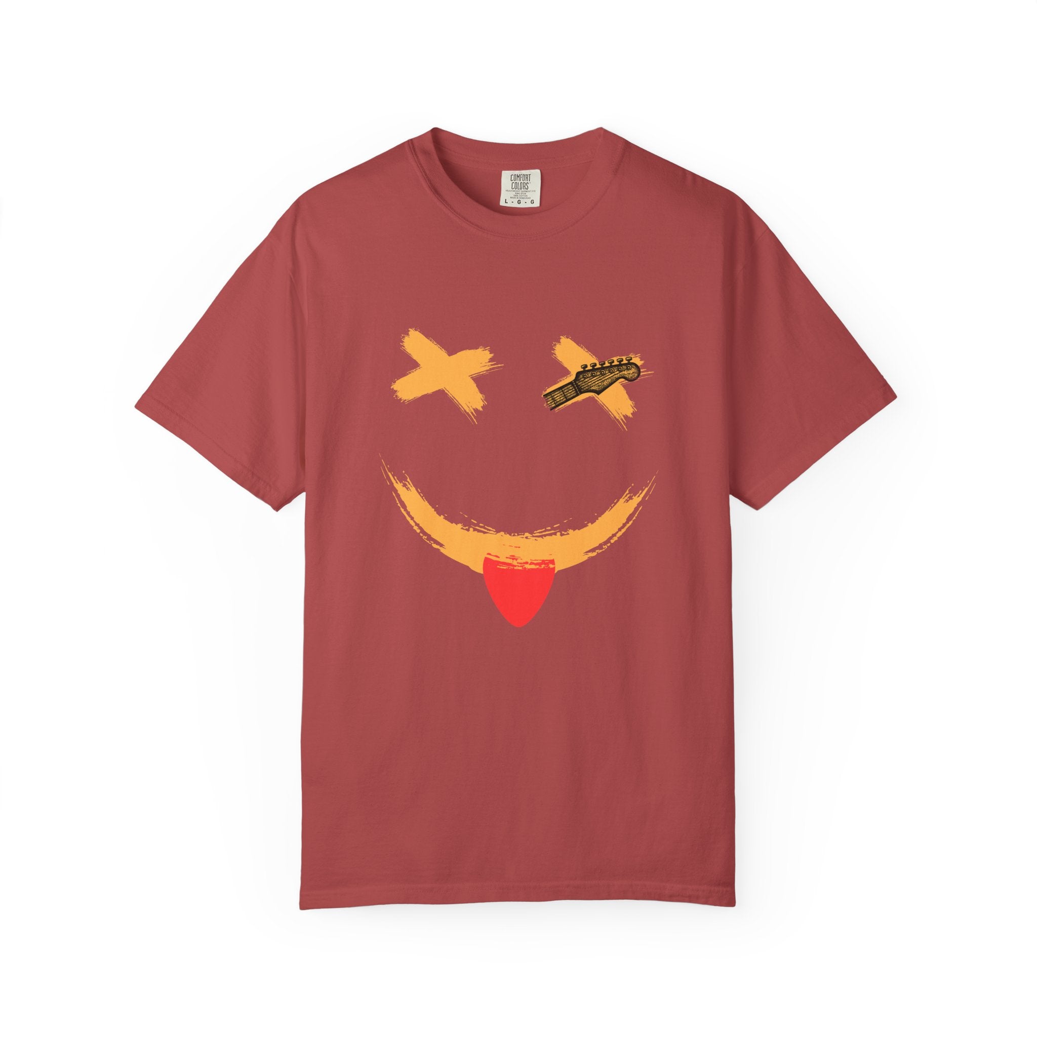 Red t-shirt with a smiley face design on a white background