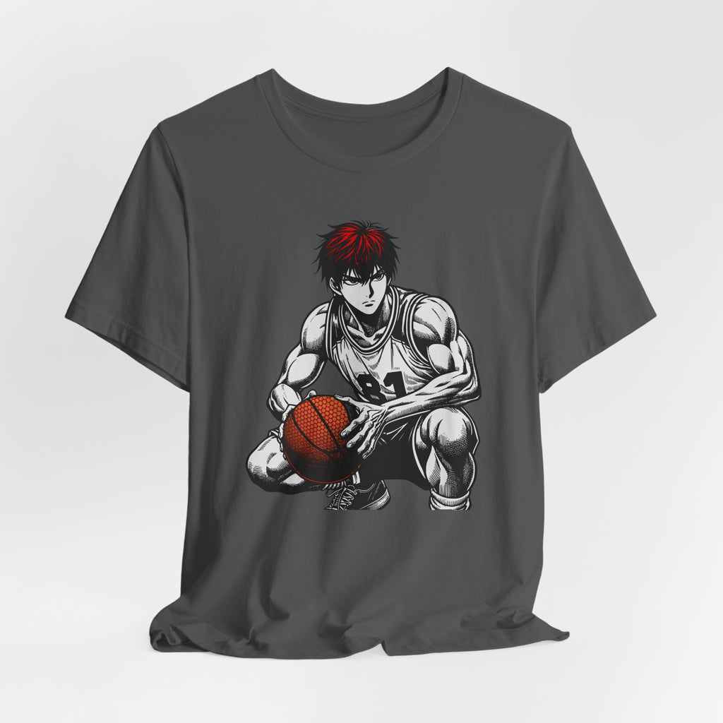 Gray t-shirt with a graphic of a basketball player on a white background