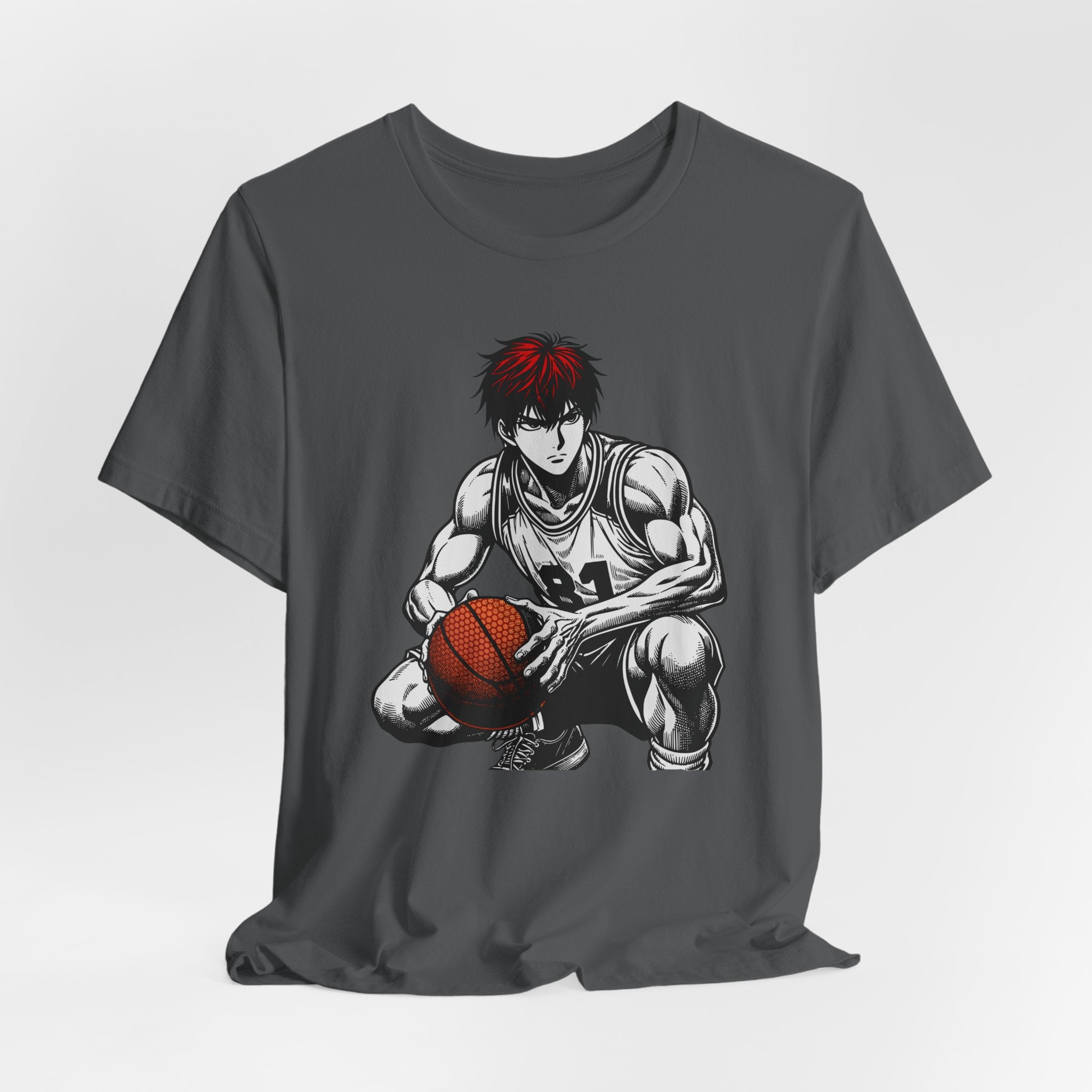 Gray t-shirt with a graphic of a basketball player on a white background