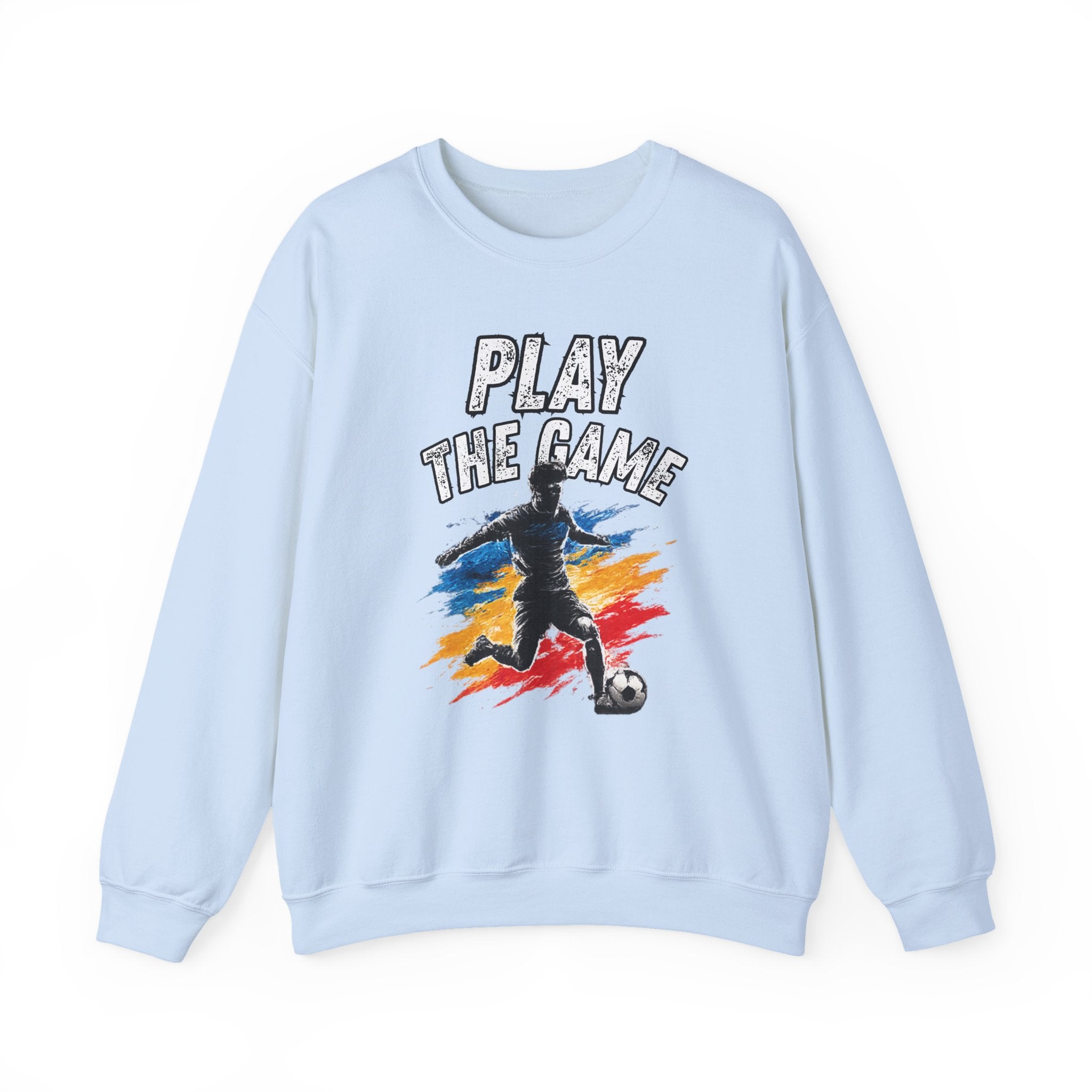 Light blue sweatshirt featuring a graphic print of a soccer player kicking a ball with the text 'PLAY THE GAME' in white, set against a plain white background.