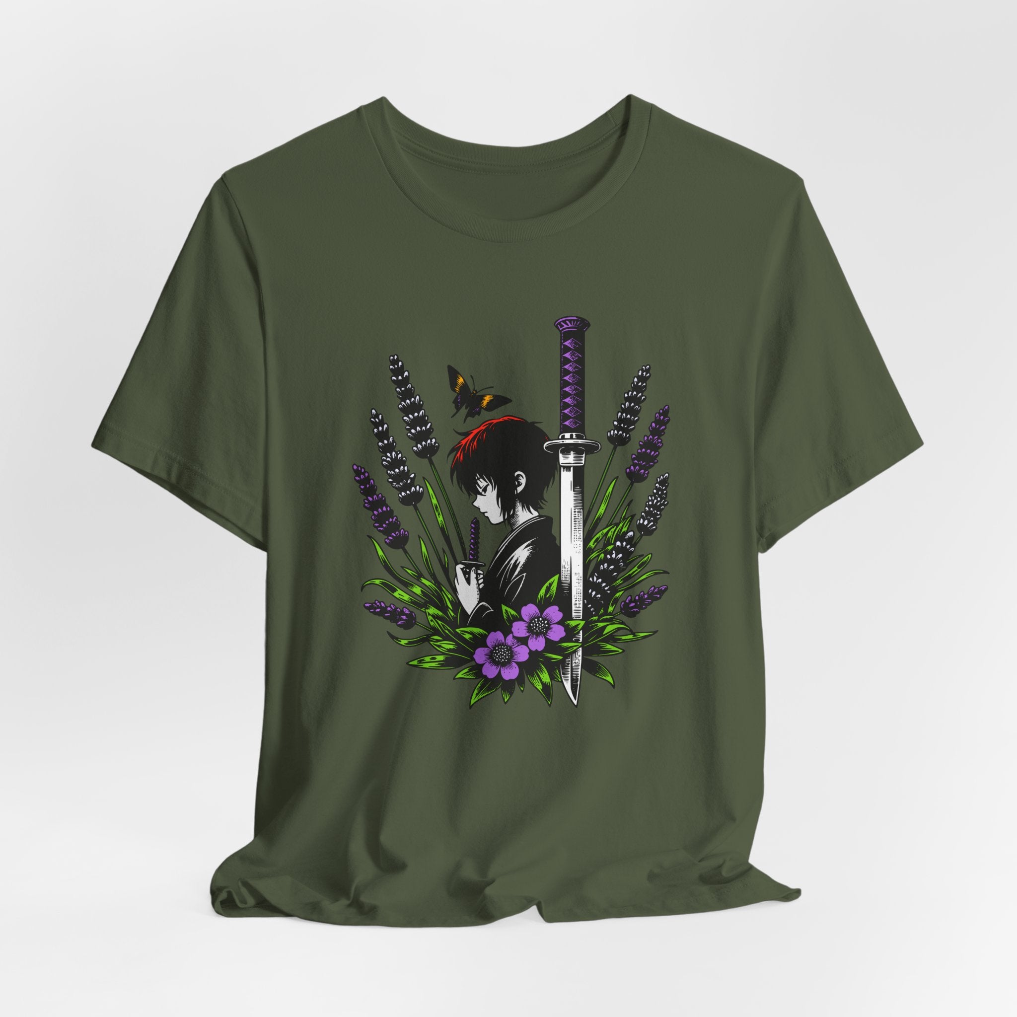 Green t-shirt with a black and white graphic design featuring a woman, sword, and flowers on a light gray background.