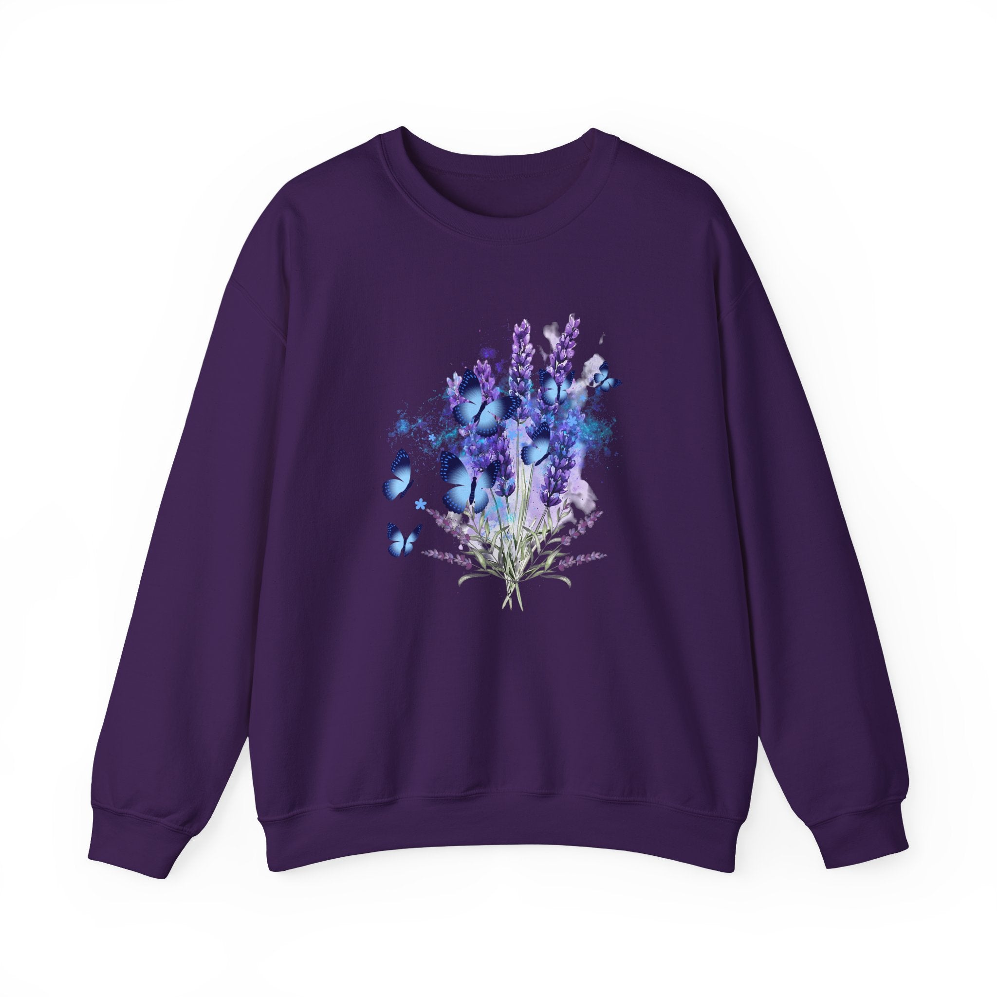 Purple sweatshirt with floral and butterfly design on a white background