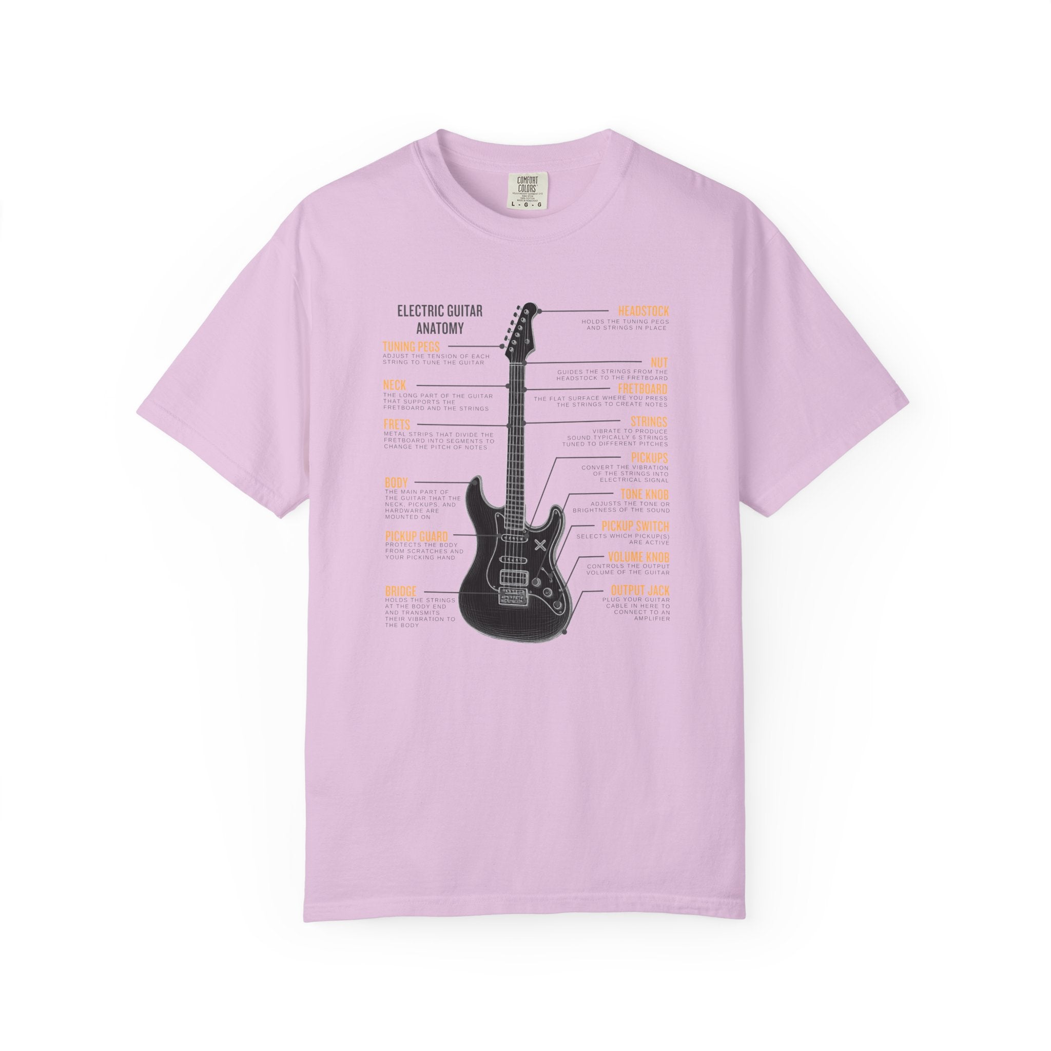 Light purple t-shirt with black electric guitar graphic and text on a white background