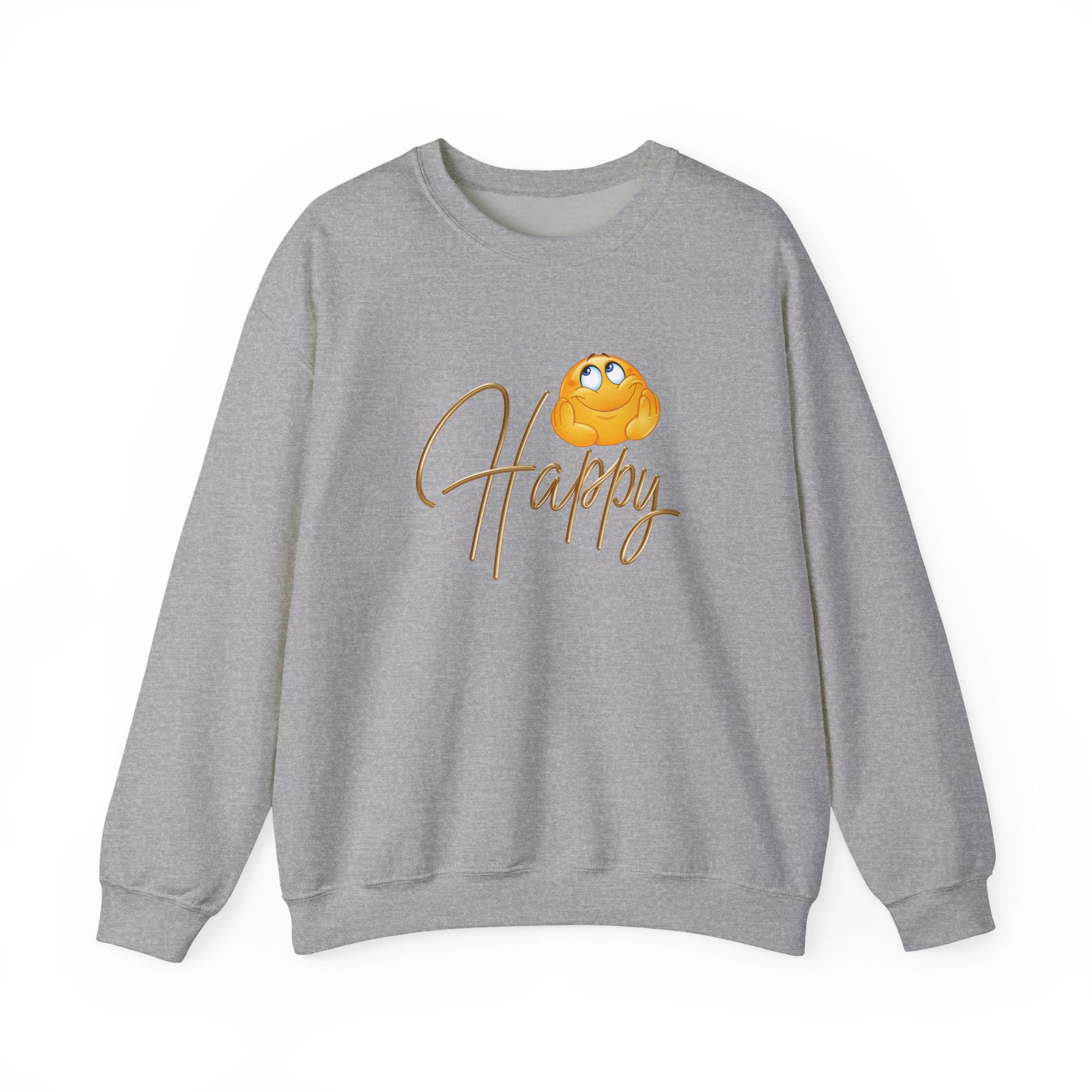 Gray sweatshirt with a cartoon character and 'Happy' text on a white background
