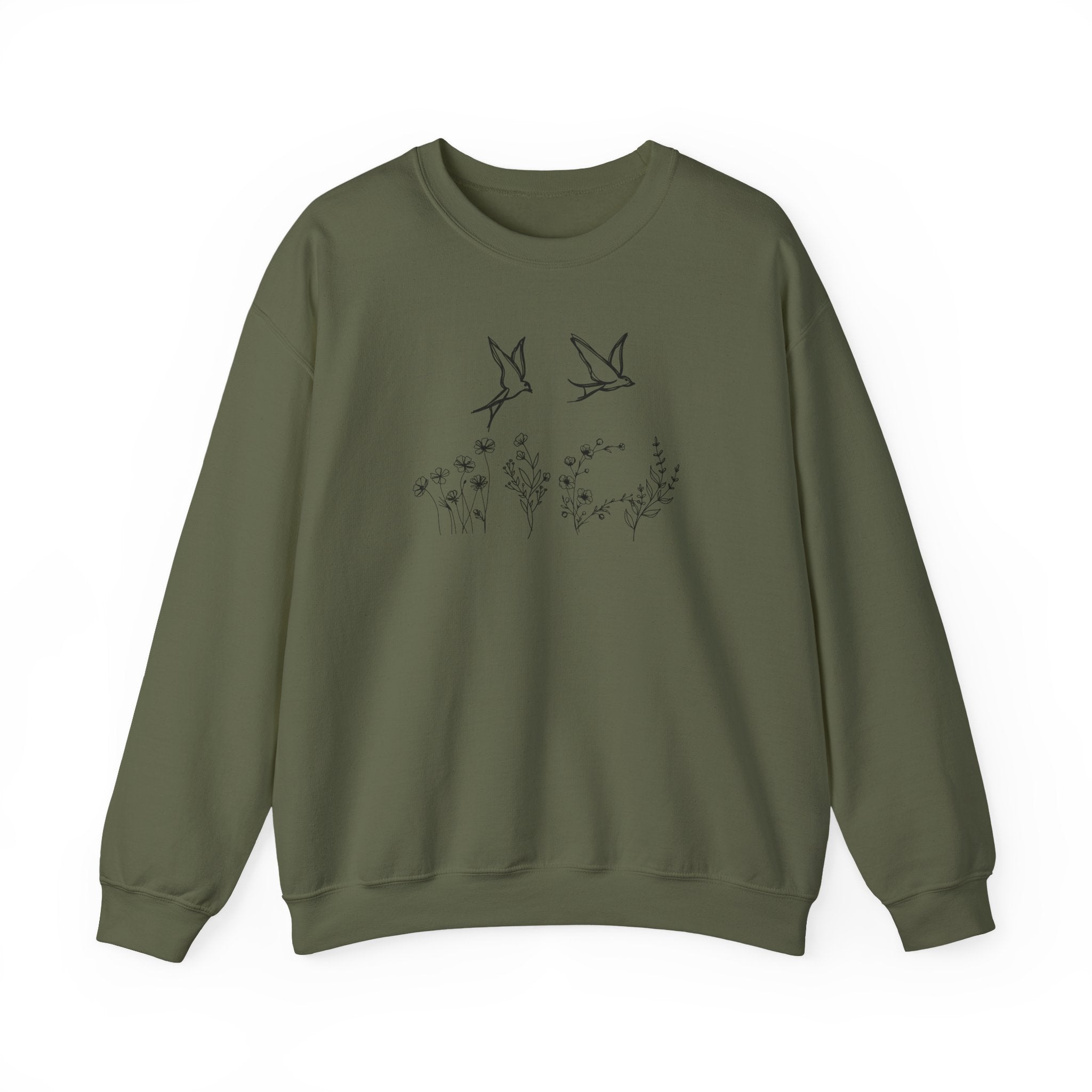 Green sweatshirt with bird and flower graphics on a white background