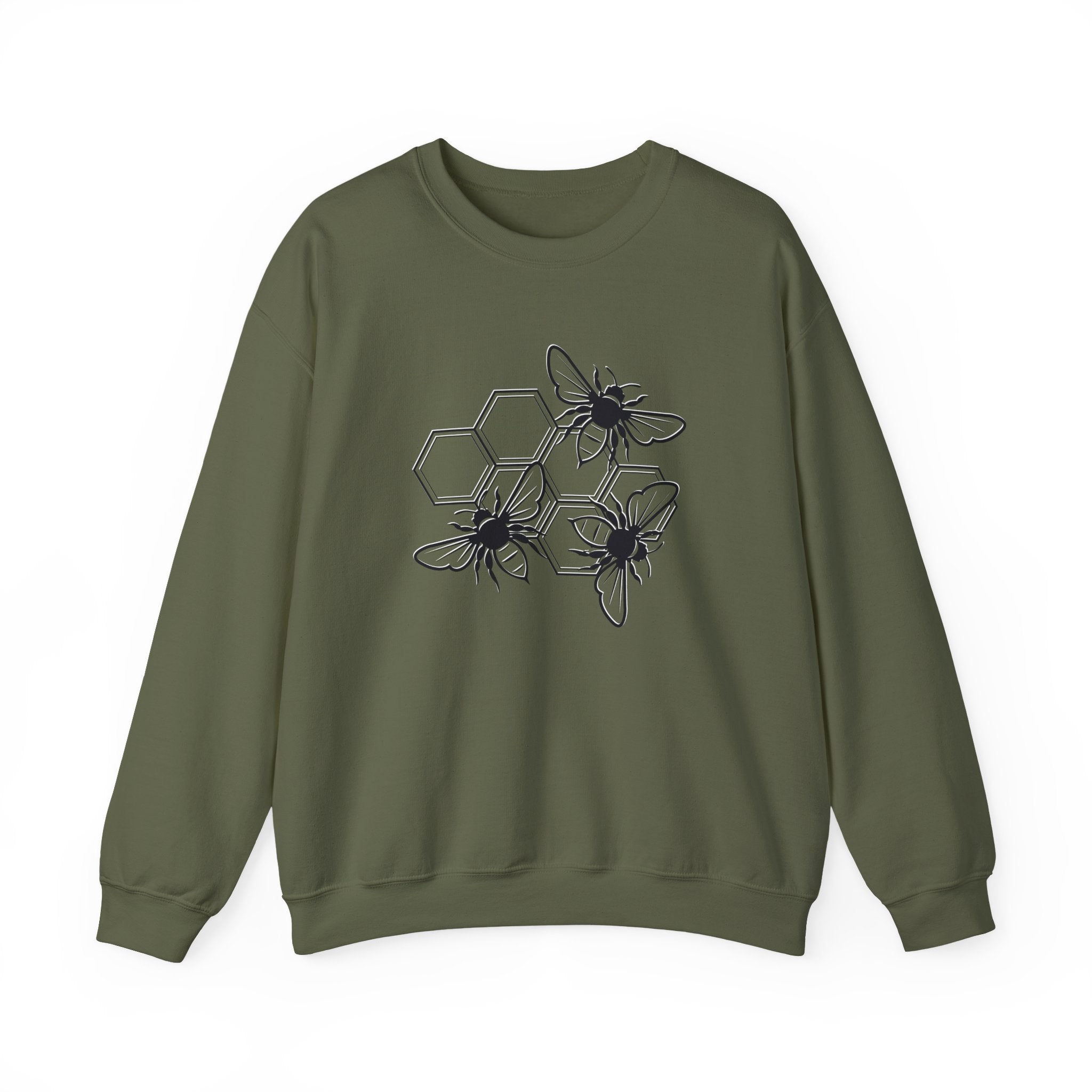Green sweatshirt with black bee and hexagon pattern on a white background