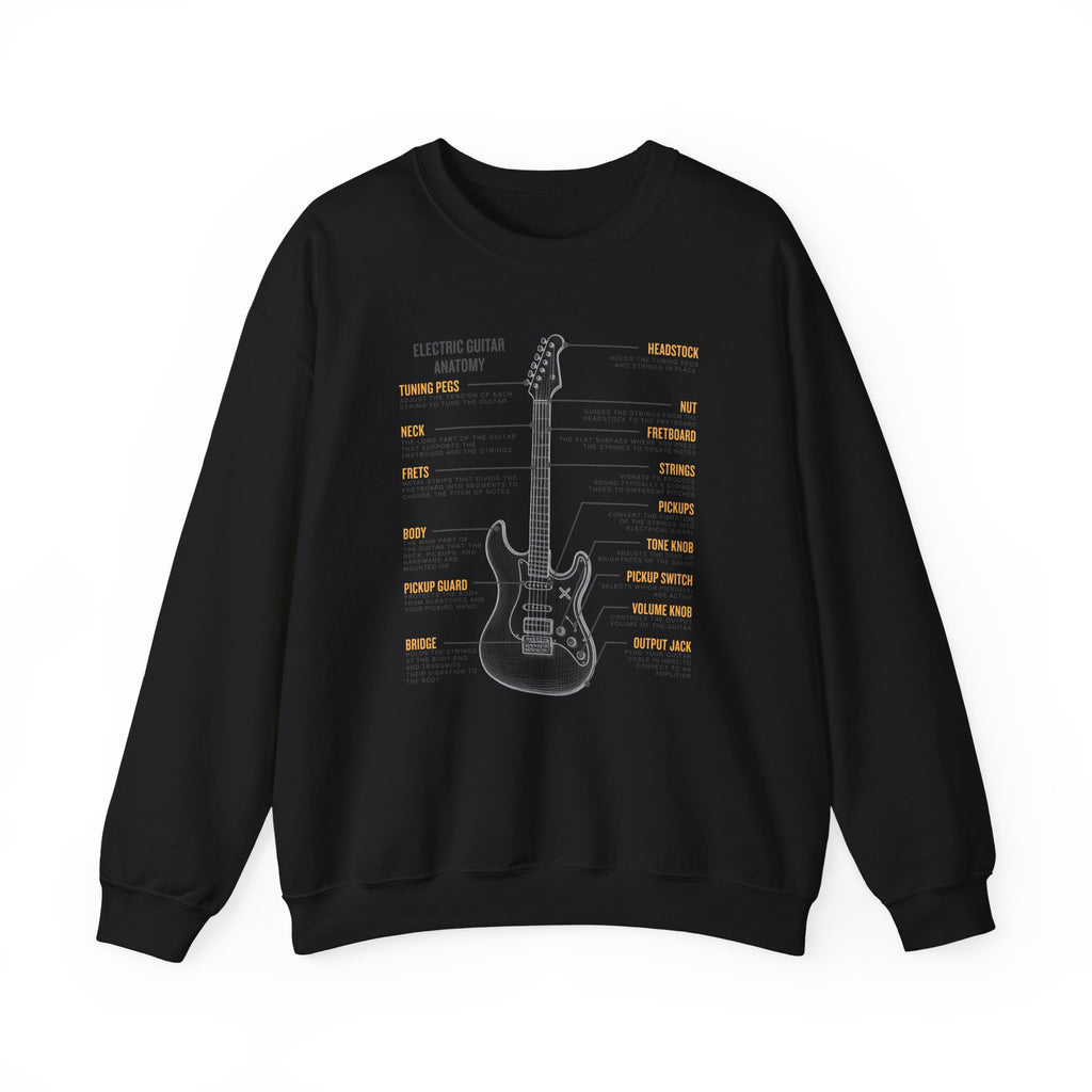 Black sweatshirt with a electric guitar anatomy diagram design on a white background
