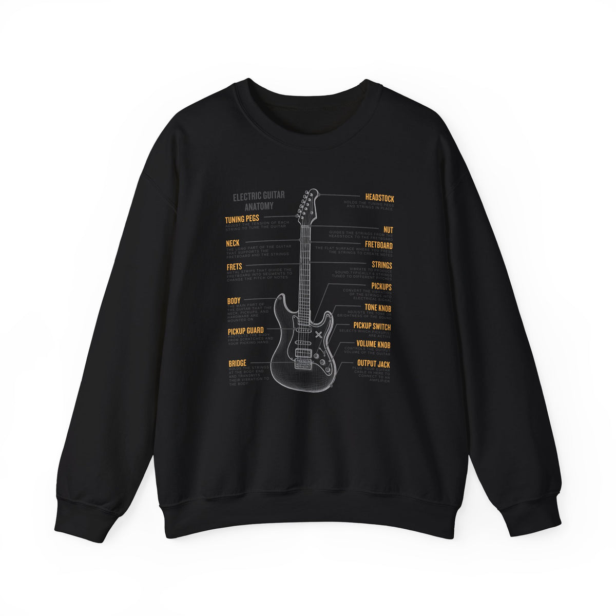 Black sweatshirt with a electric guitar anatomy diagram design on a white background
