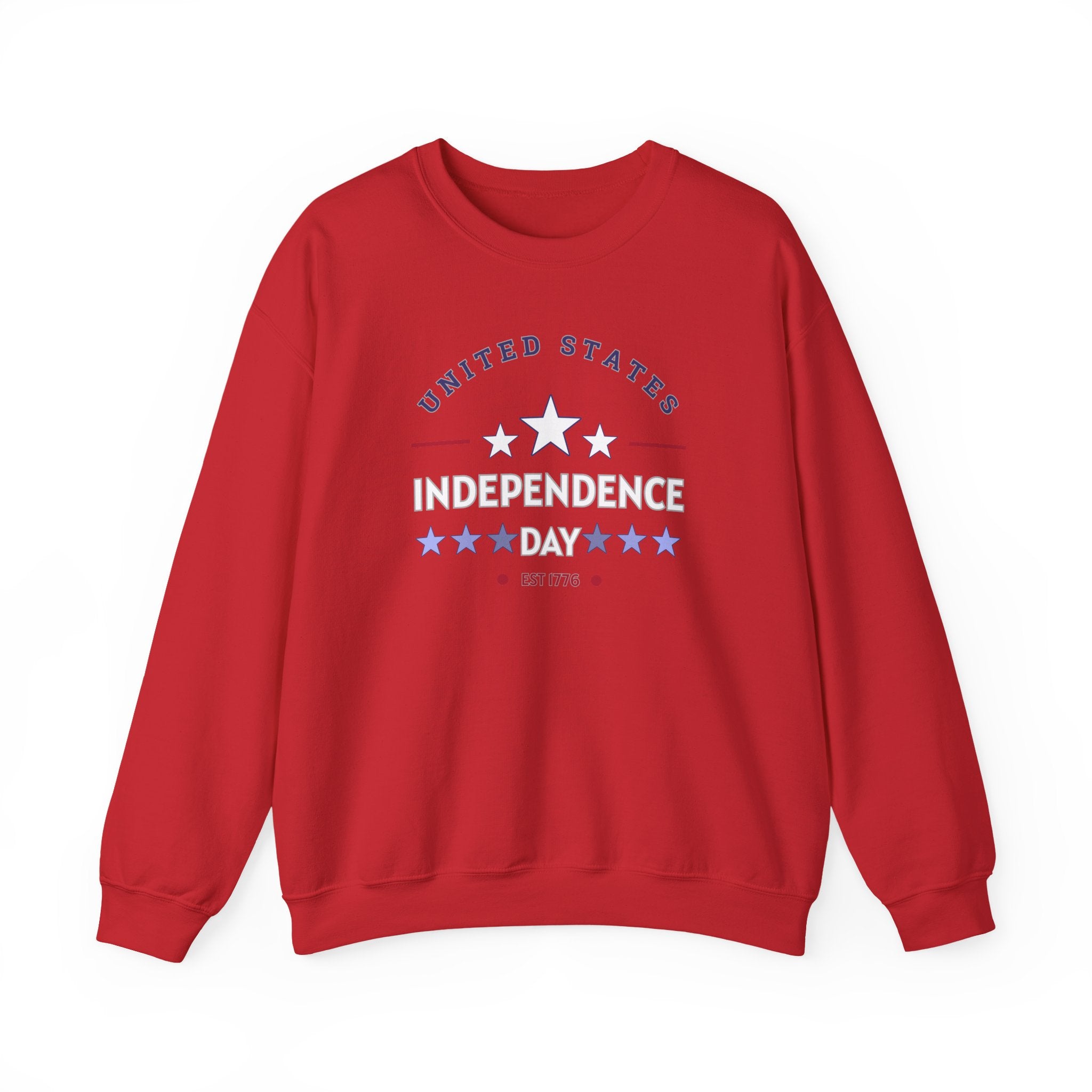 Red sweatshirt with 'United States Independence Day' text and stars on a white background