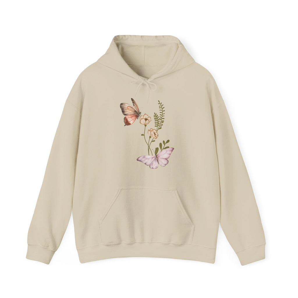 Beige hoodie with butterfly and floral design on a white background