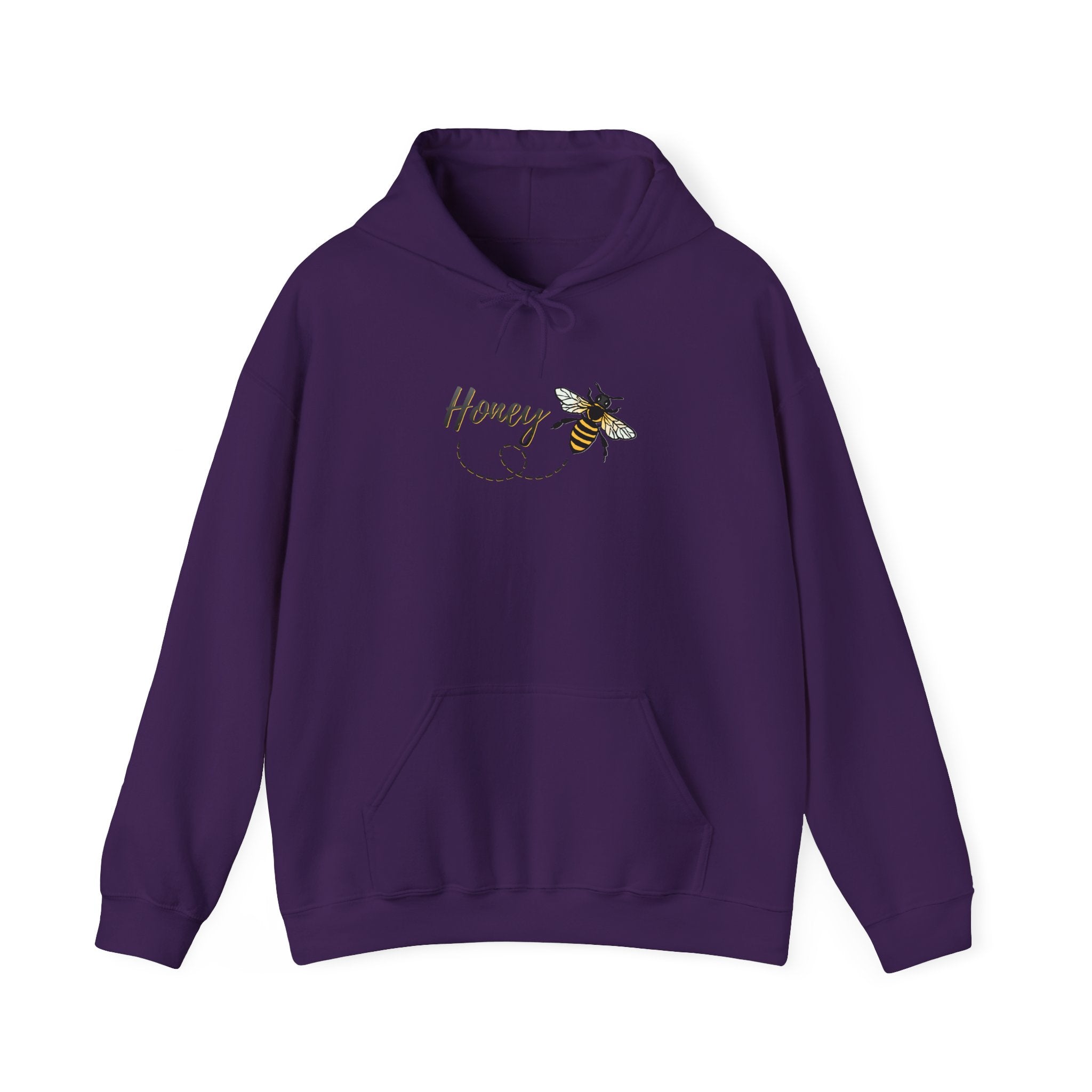Purple hoodie with honey bee animal & text "Honey" on a white background