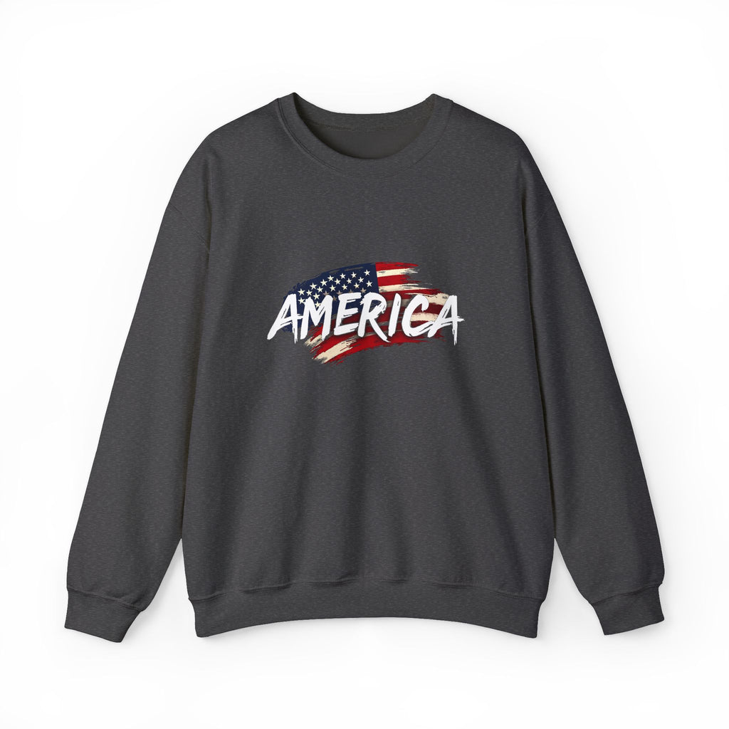 Gray sweatshirt with 'America' and American flag design on a white background