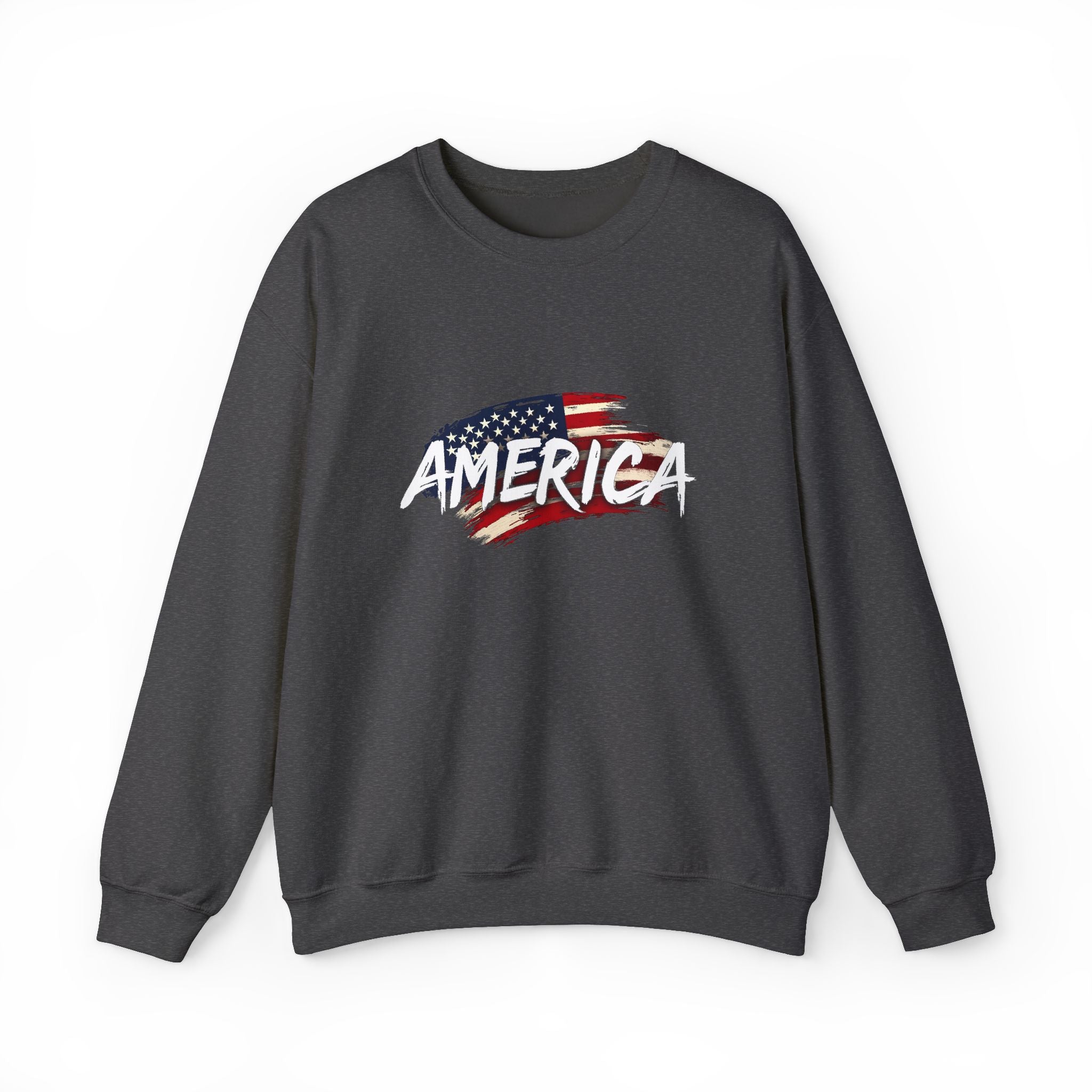 Gray sweatshirt with 'America' and American flag design on a white background
