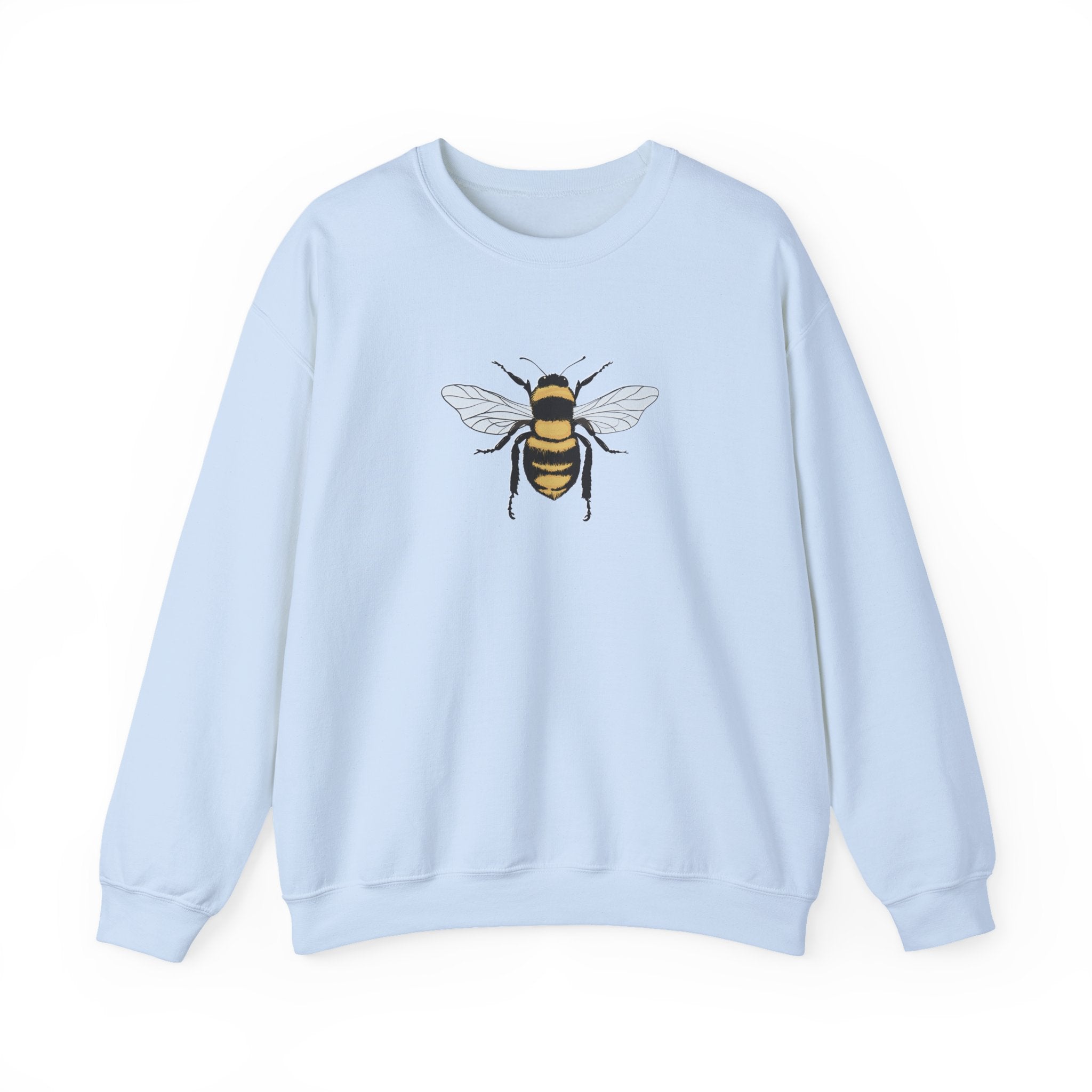 Light blue sweatshirt with a bee design on a white background