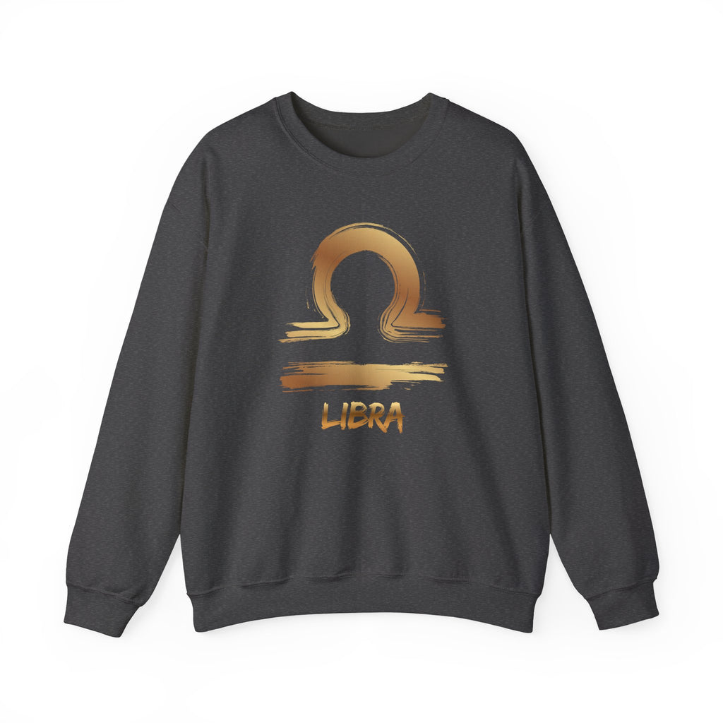 Dark gray sweatshirt with gold Libra zodiac symbol on a white background