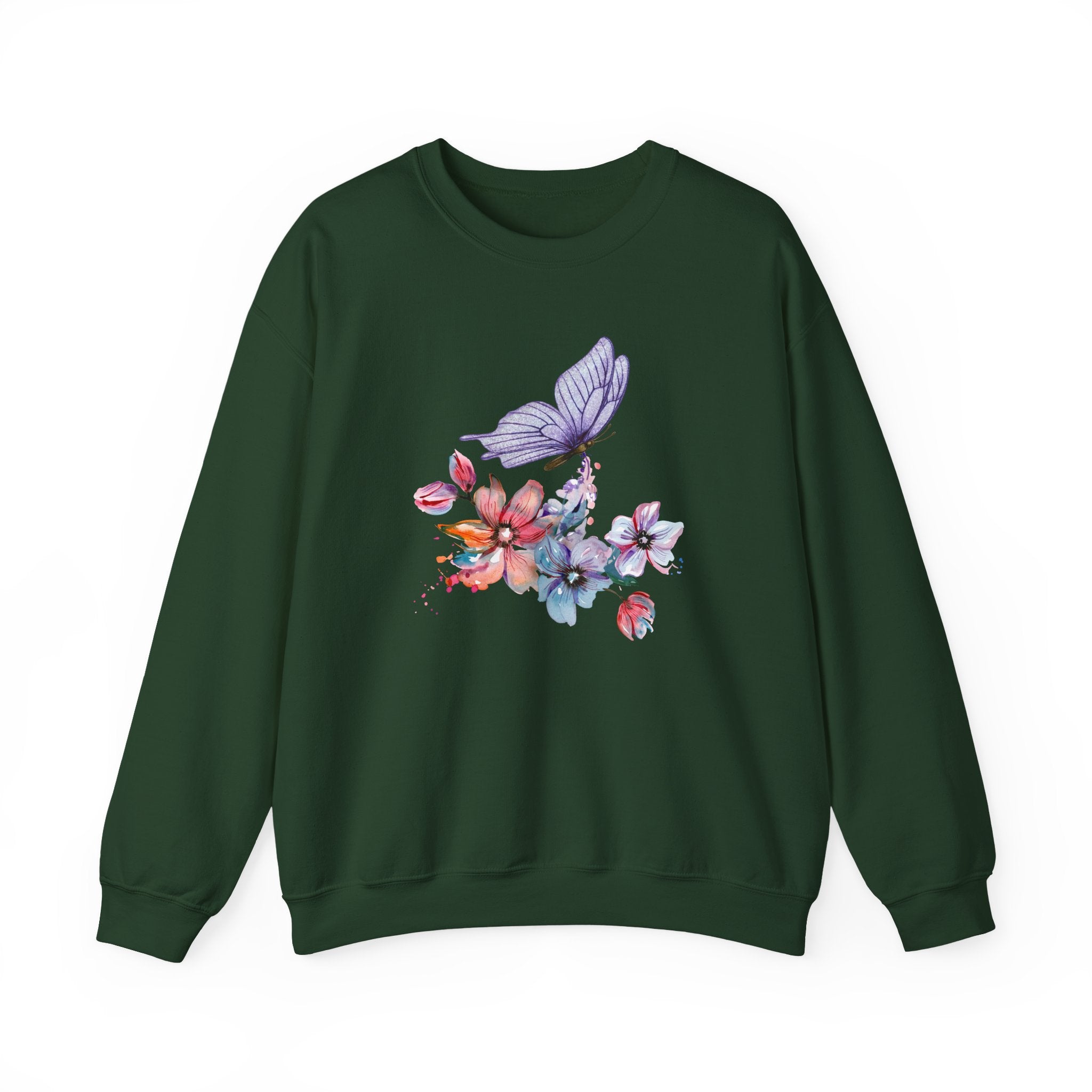 Green sweatshirt with floral and butterfly design on a white background