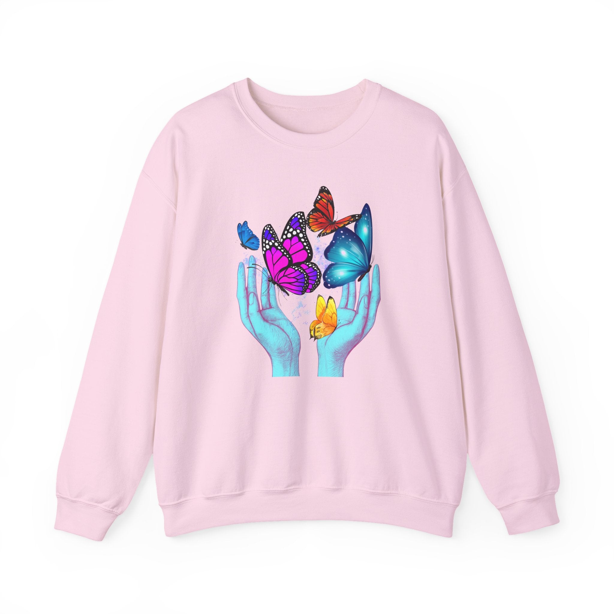 Pink sweatshirt with colorful butterfly design on a white background
