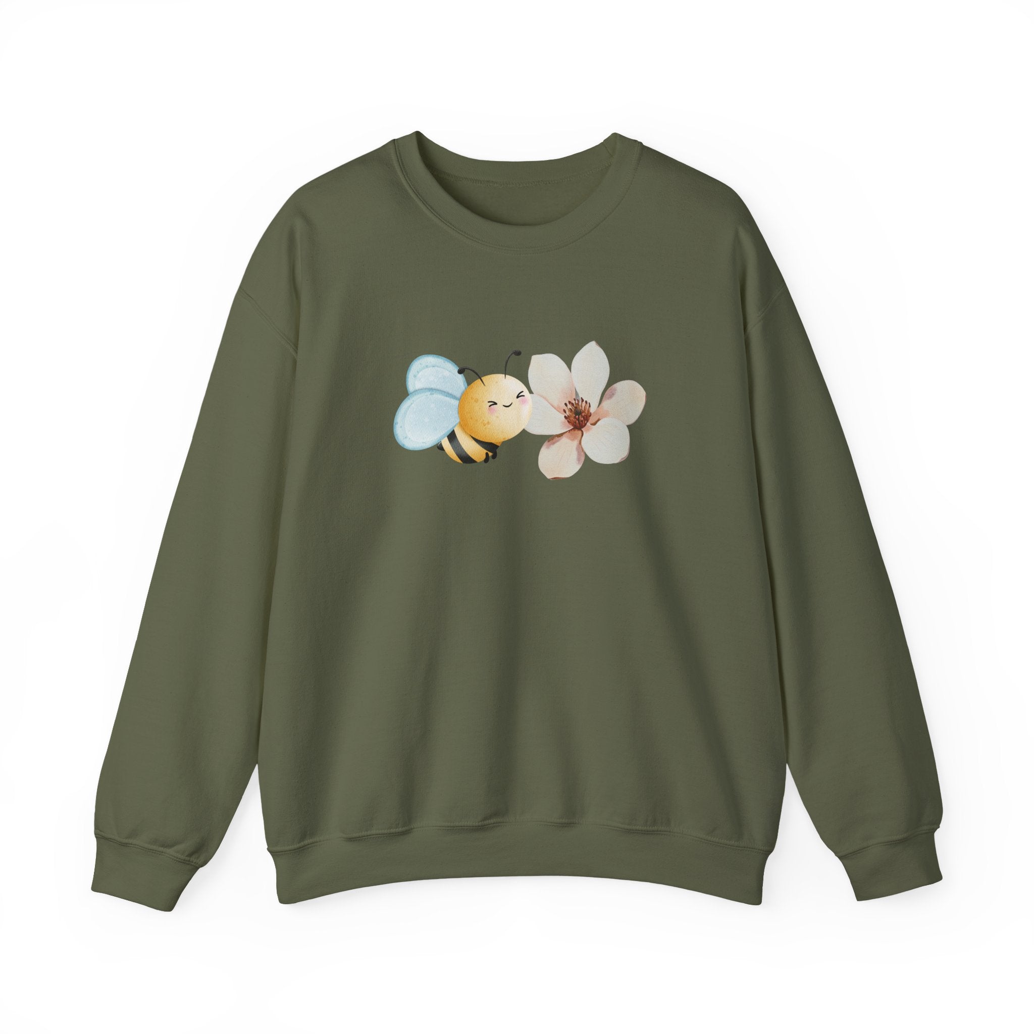 Green sweatshirt with a bee and flower design on a white background