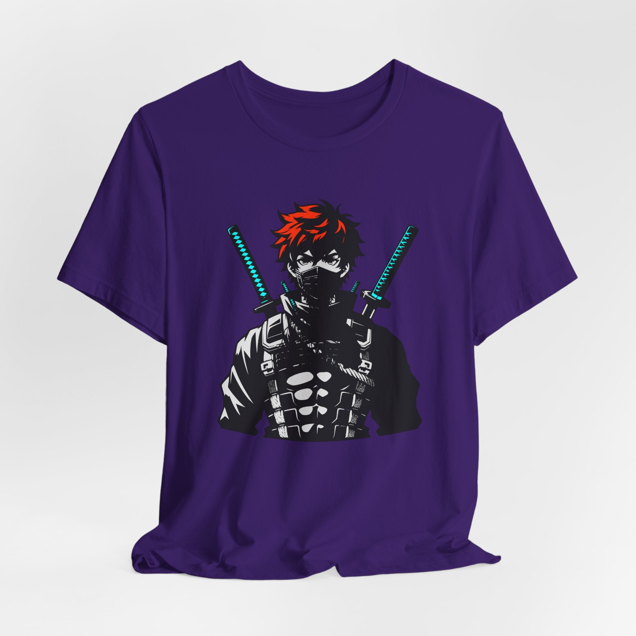 Purple t-shirt with a graphic design of a character holding two swords on a white background