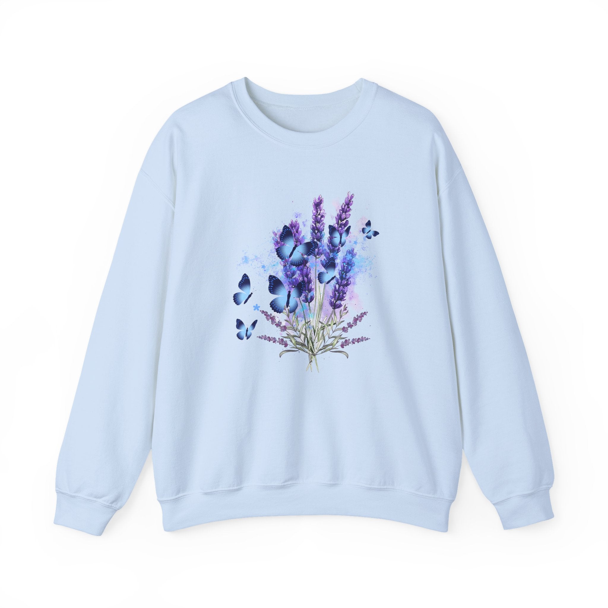 Light blue sweatshirt with a floral and butterfly design on a white background