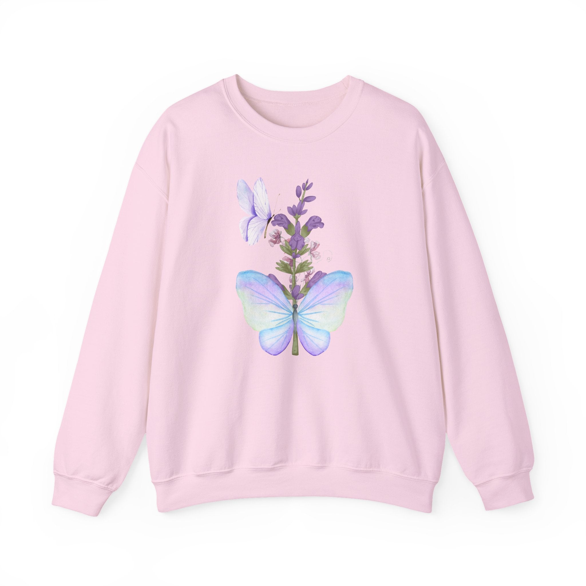 Pink sweatshirt with butterfly and flower design on a white background