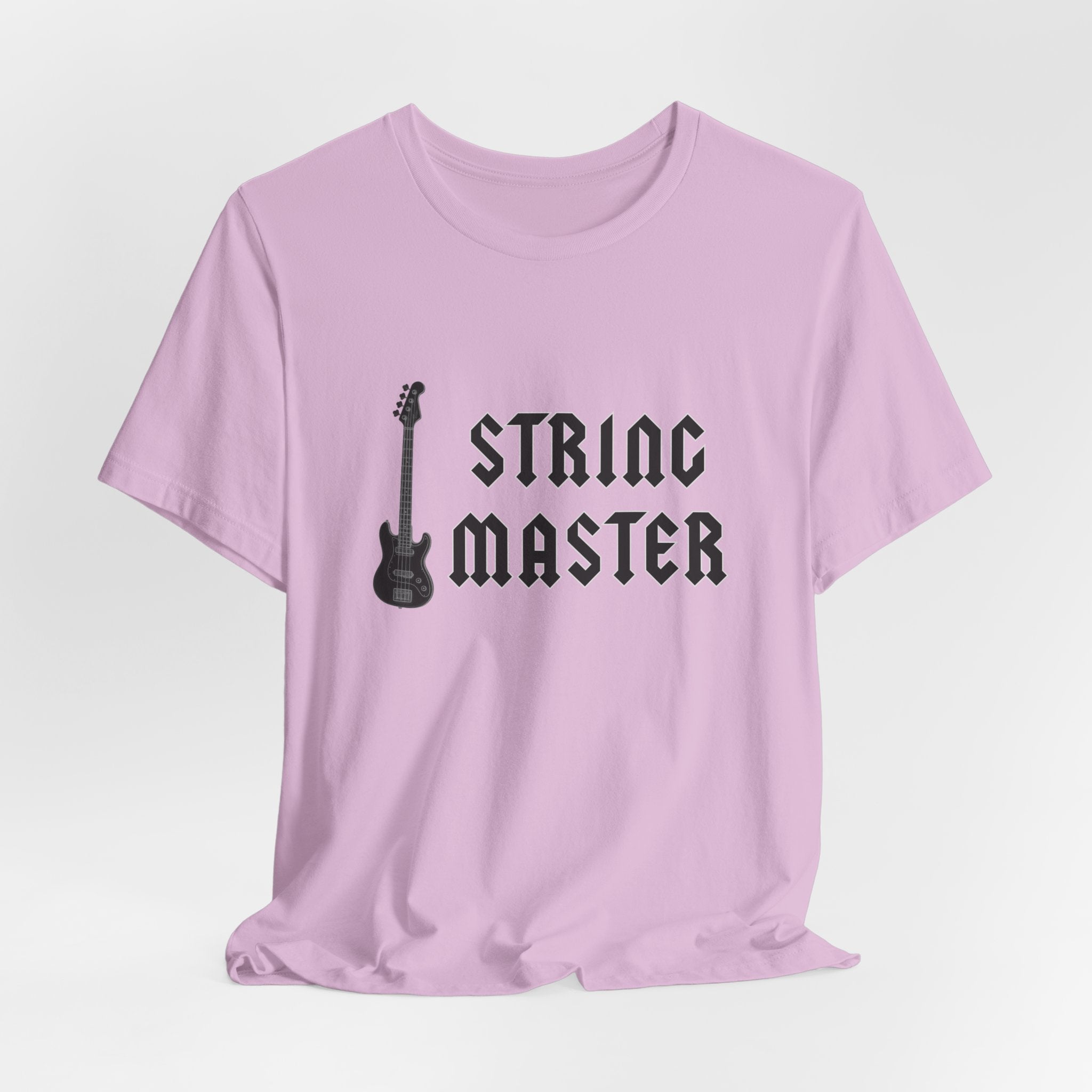 Pink t-shirt with 'String Master' text and guitar graphic on a white background