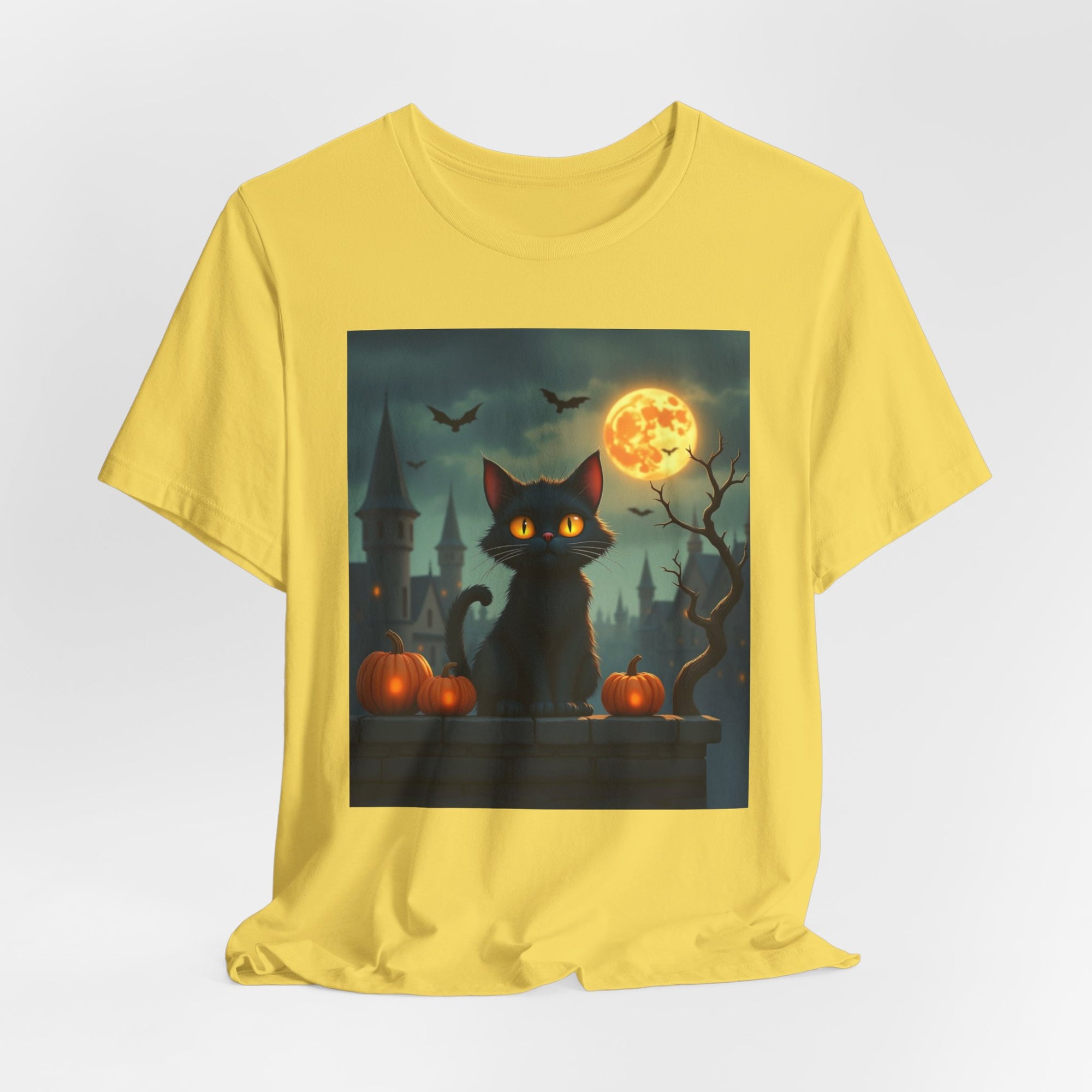 Halloween Cat with Bats and Orange Pumpkins T-shirt for Men and Women
