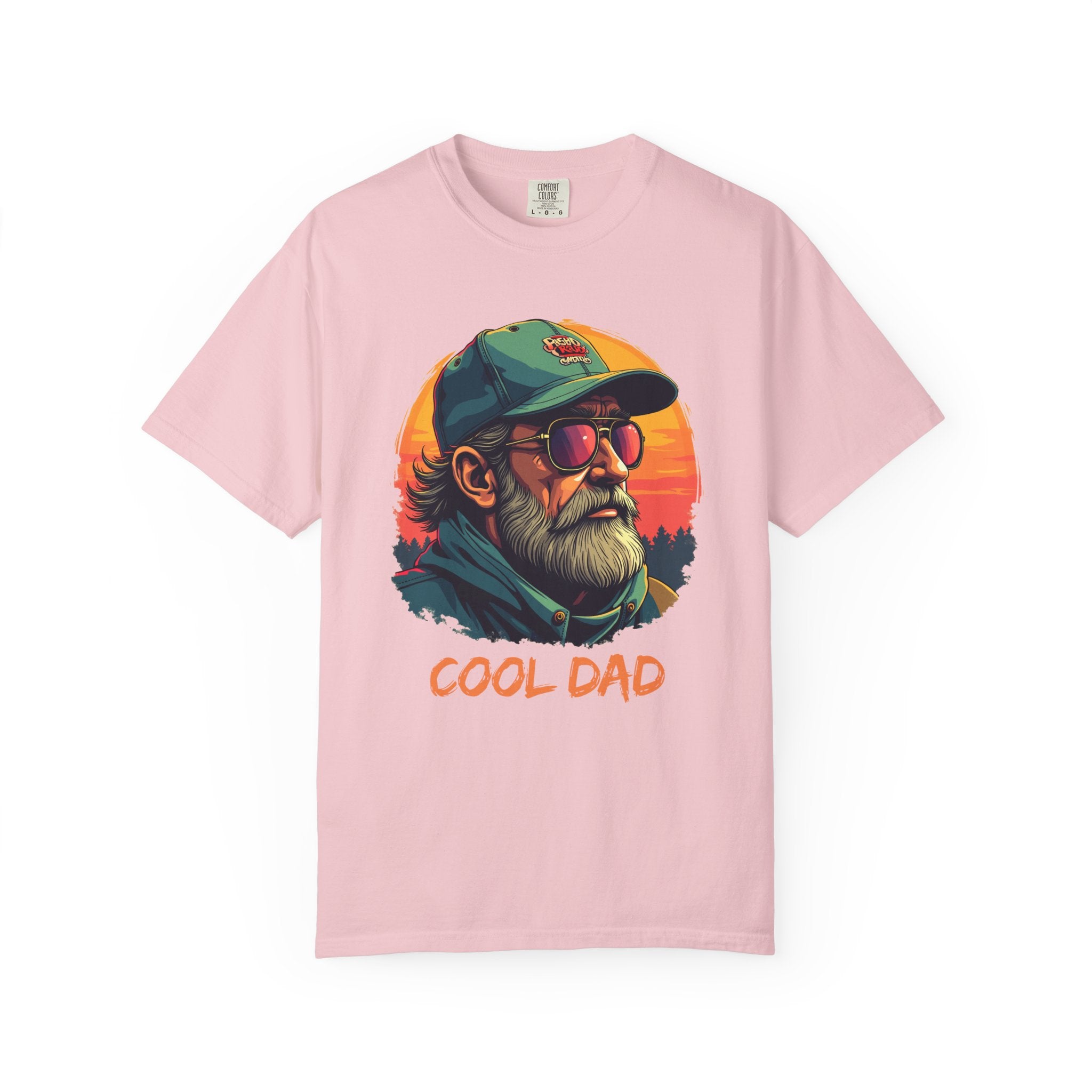 Pink t-shirt with 'Cool Dad' graphic design featuring a man with sunglasses and a cap on a white background