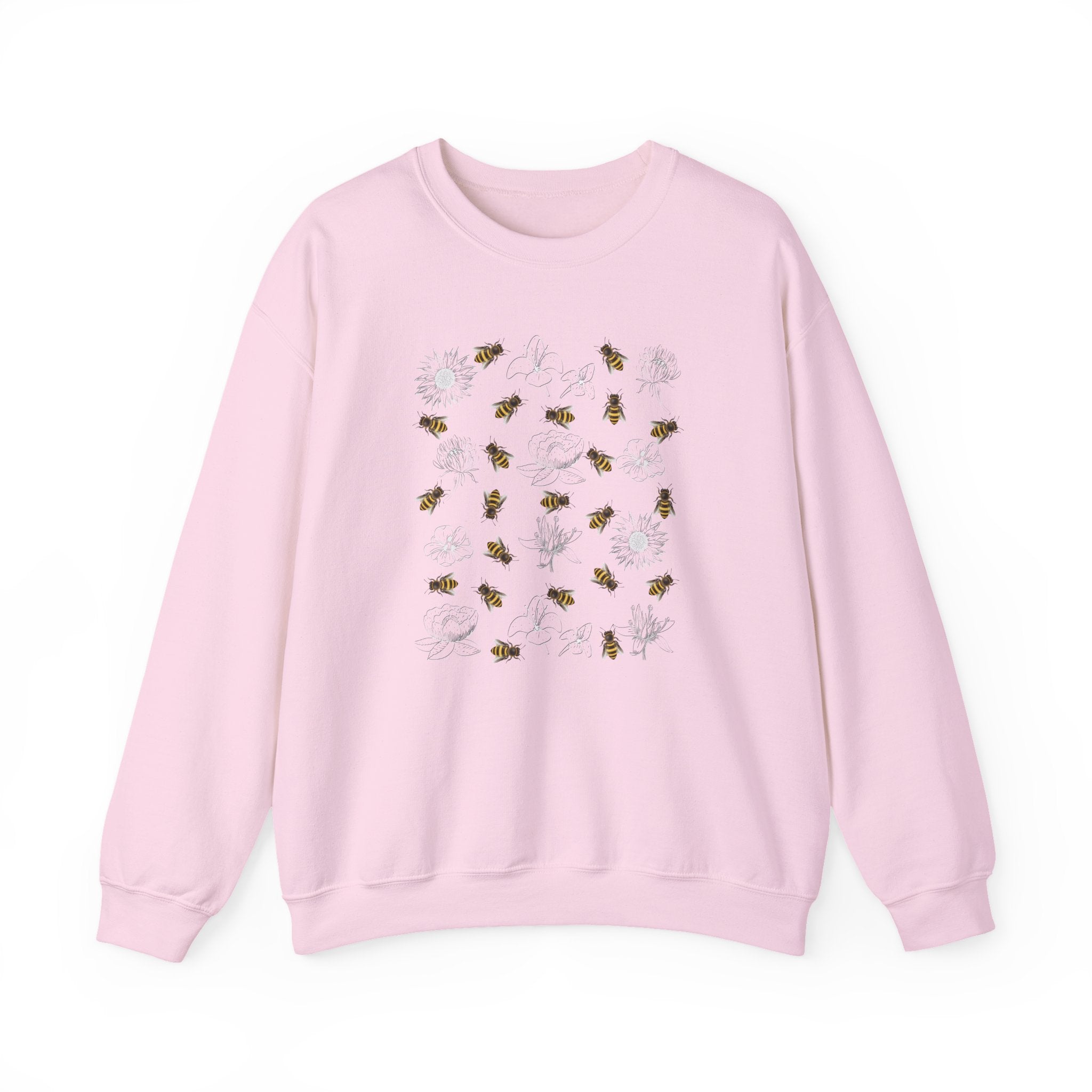Pink sweatshirt with bee and flower pattern on a white background