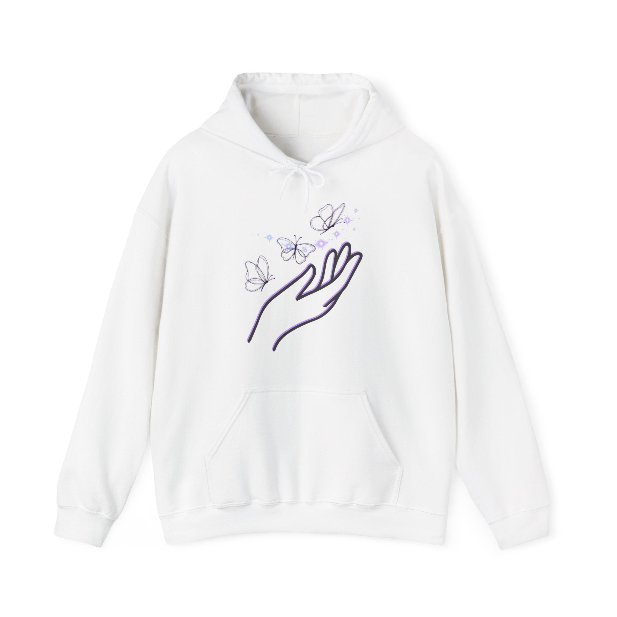 White hoodie with a hand and butterfly design on a white background
