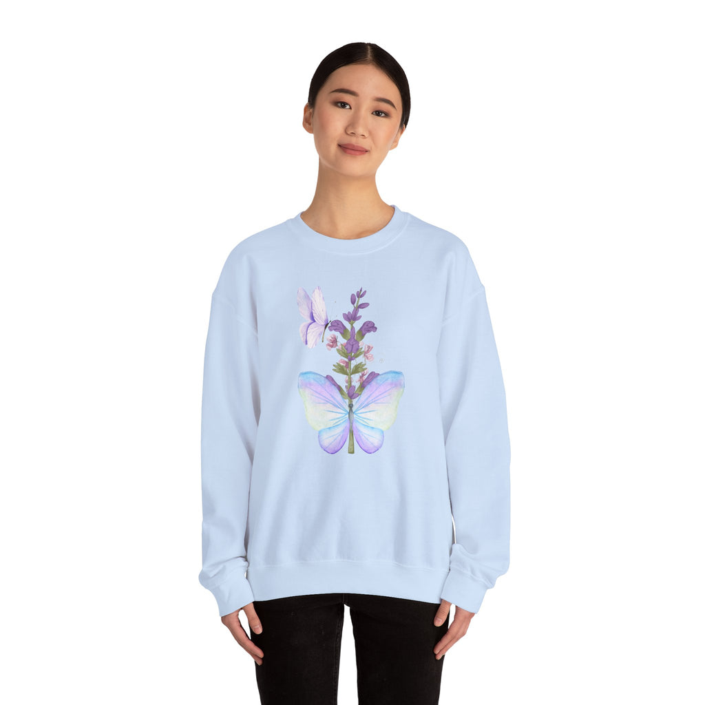 Light blue sweatshirt with a butterfly and flower design on a white background