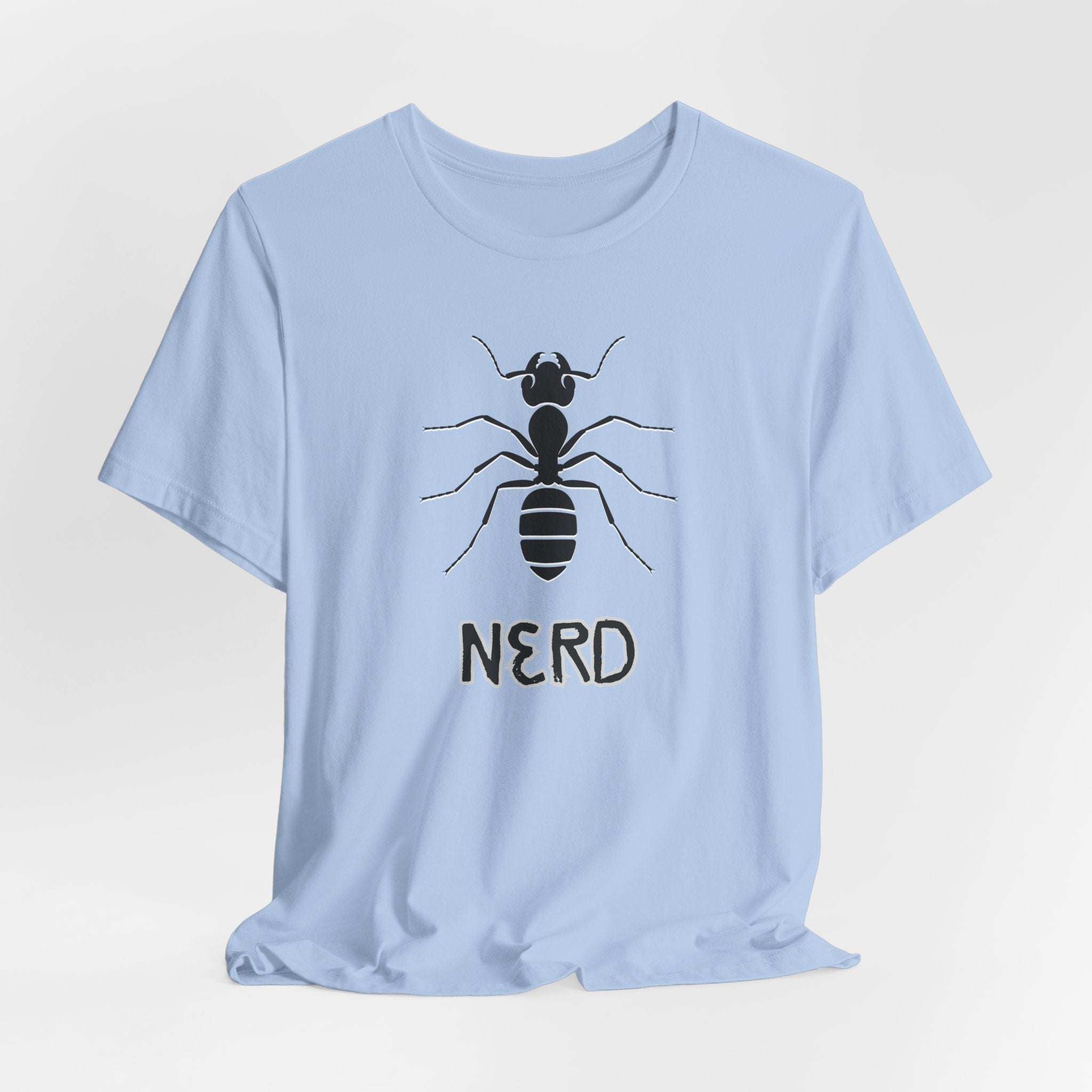 Light blue t-shirt with ant graphic and 'NERD' text on a white background