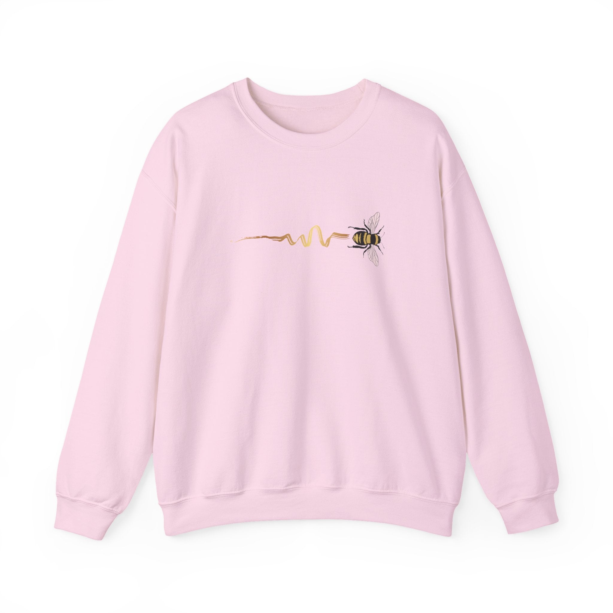 Pink sweatshirt with a bee design on a white background