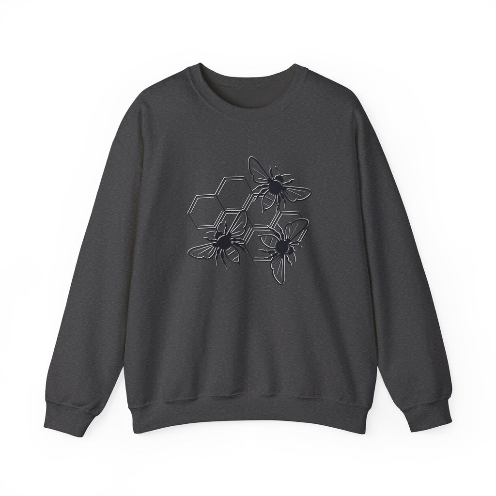 Dark gray sweatshirt with black bee and hexagon pattern on a white background