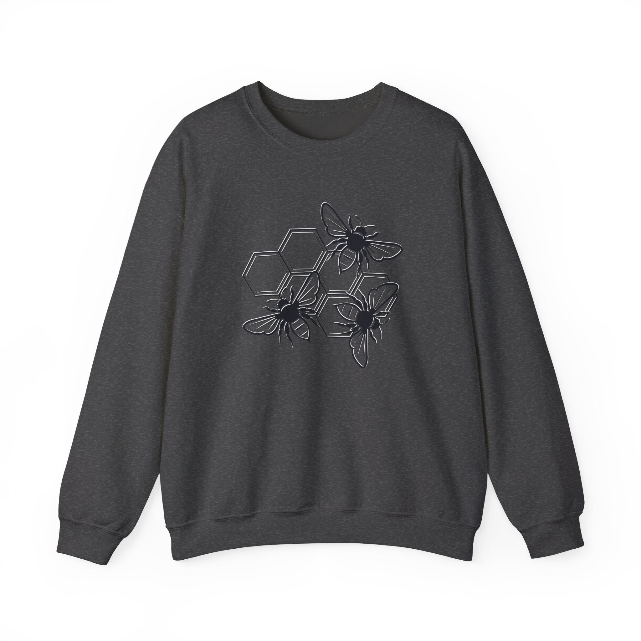 Dark gray sweatshirt with black bee and hexagon pattern on a white background