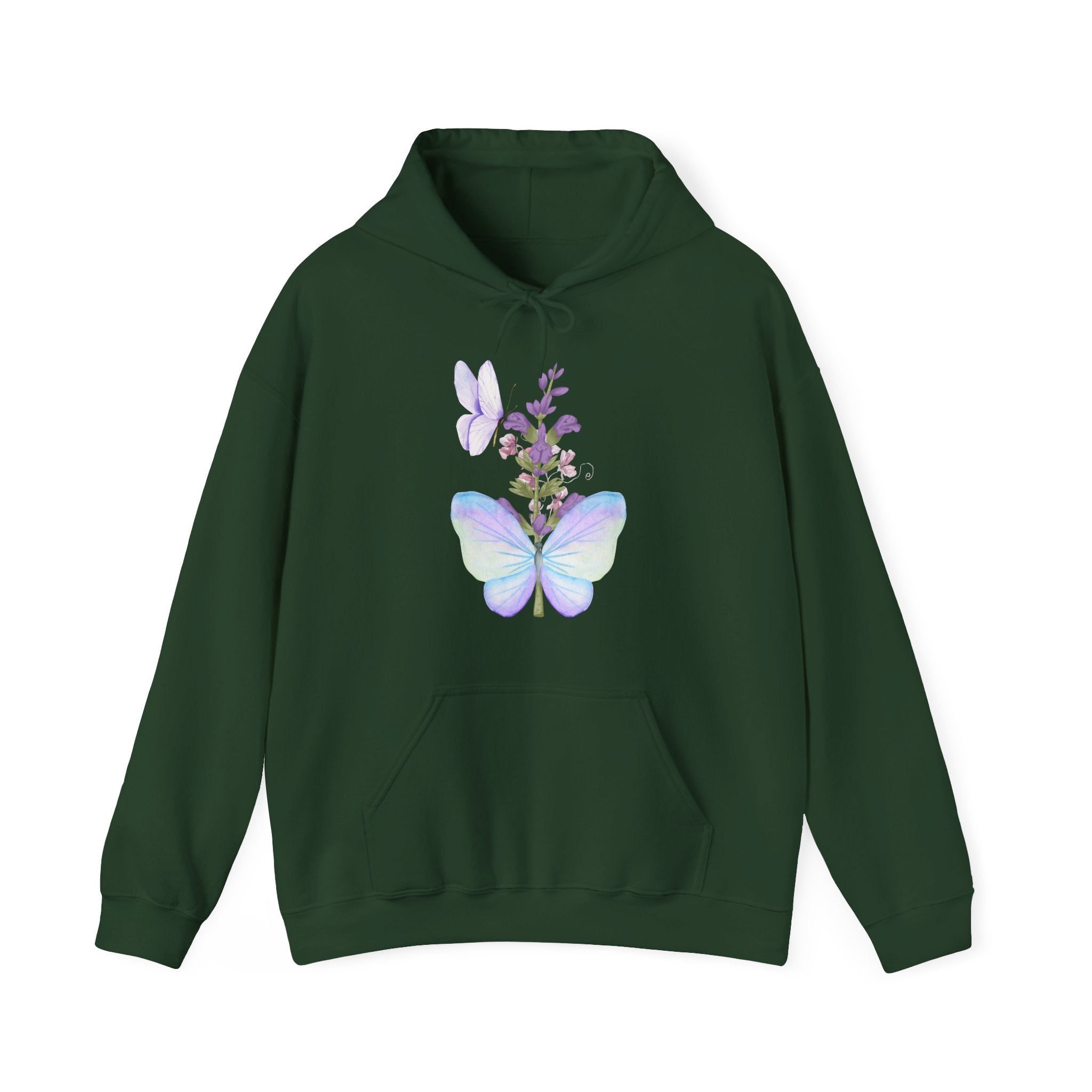 Green hoodie with butterfly and floral design on a white background