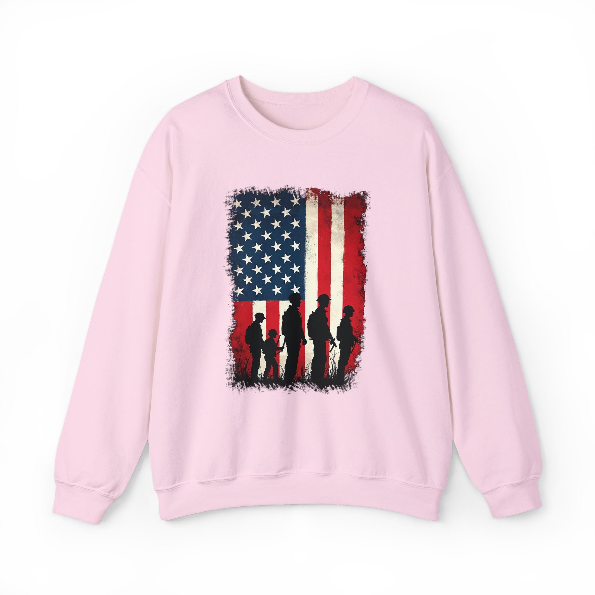 Pink sweatshirt with American flag and silhouette design on a white background