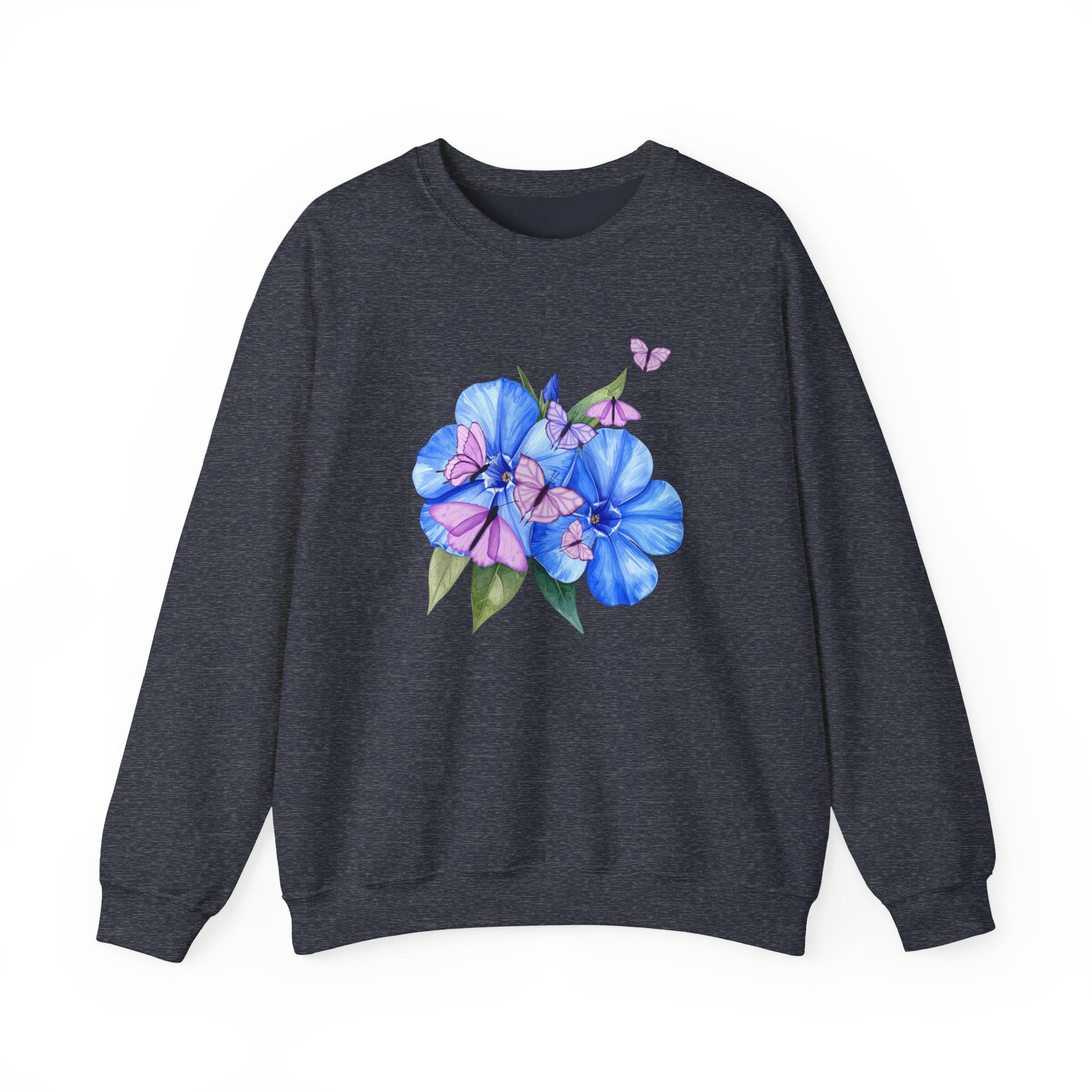 Dark navy sweatshirt with a flower and butterfly design on a white background