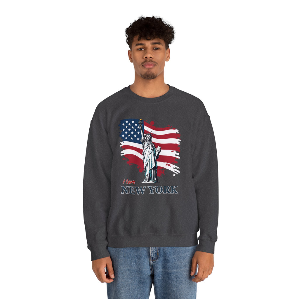 Person wearing a dark gray sweatshirt with an American flag and Statue of Liberty design on a white background