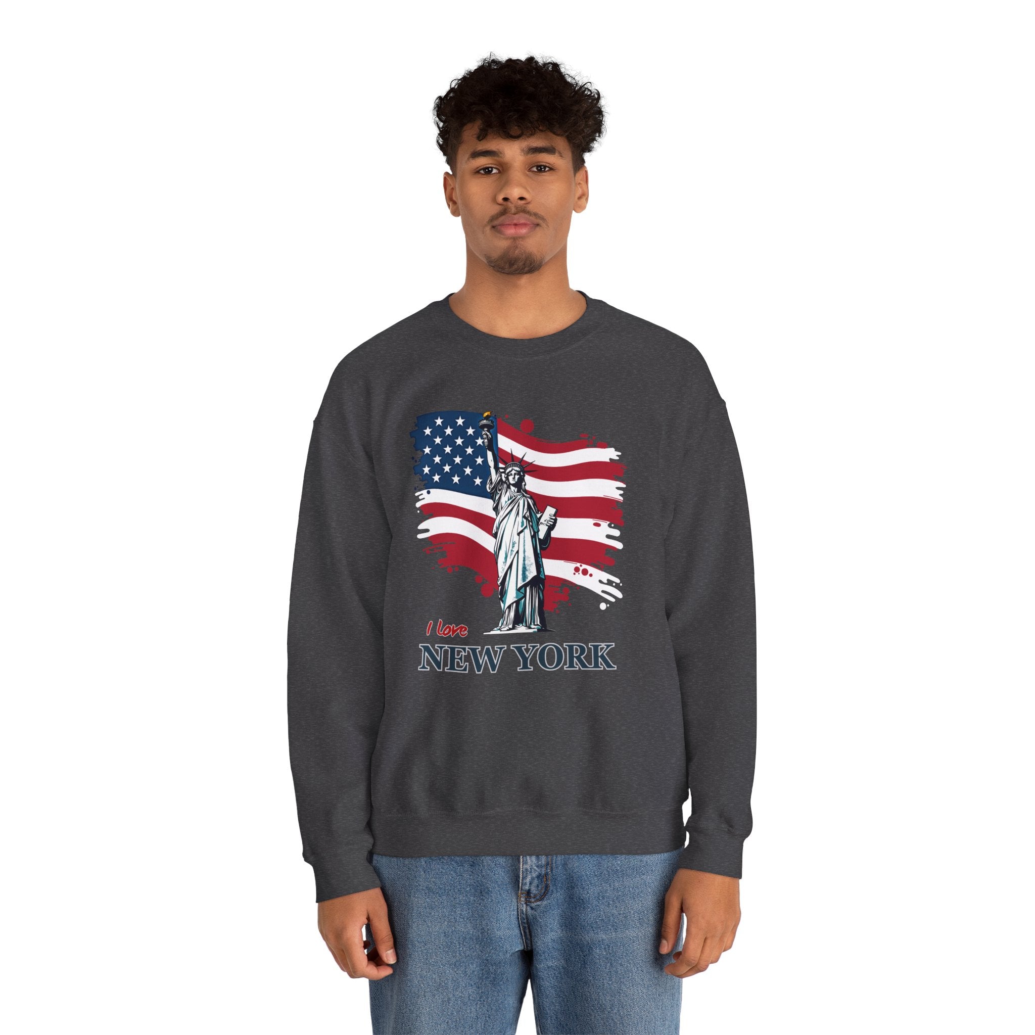 Person wearing a dark gray sweatshirt with an American flag and Statue of Liberty design on a white background
